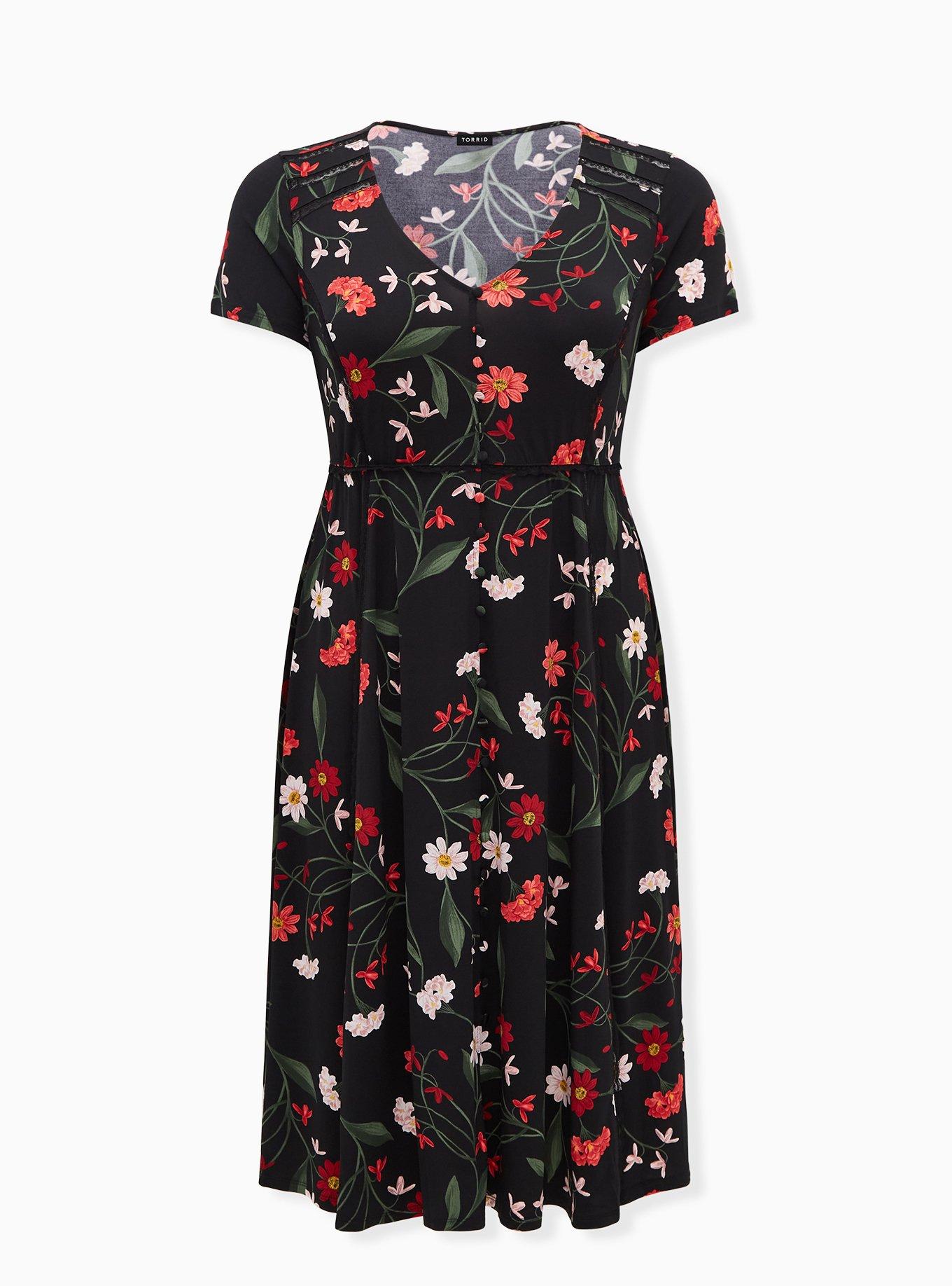 Midi Studio Knit Button-Front Skater Dress, BLACK FLOWERS, hi-res