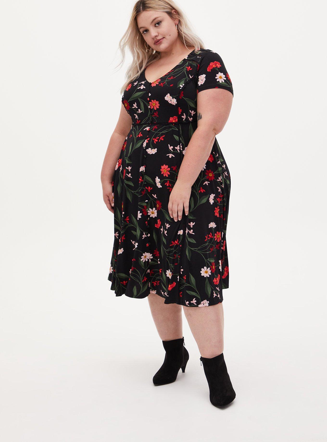 Midi Studio Knit Button-Front Skater Dress, BLACK FLOWERS, hi-res