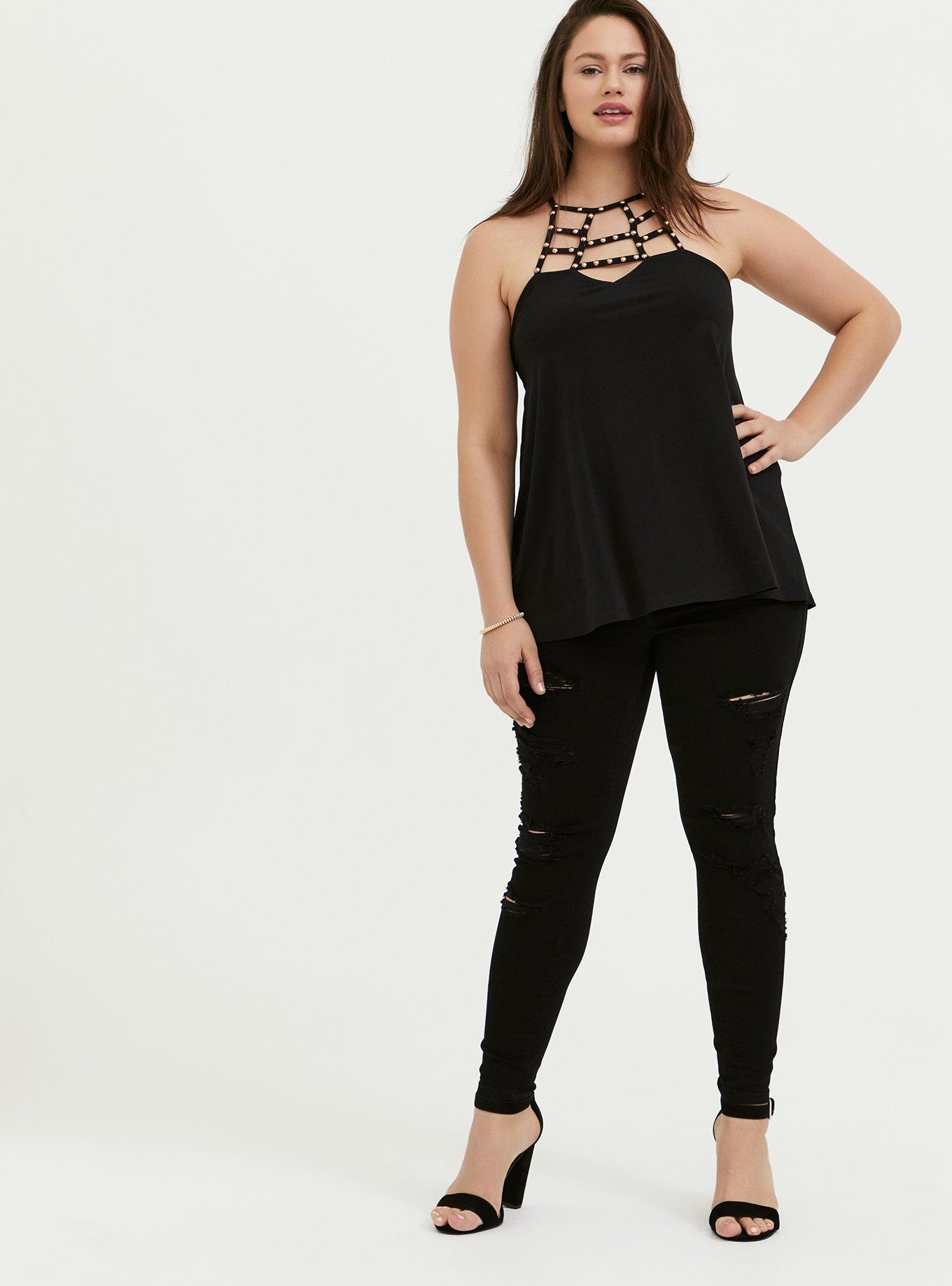 Plus Size Black Studio Knit Studded Caged Goddess Tank, DEEP BLACK, alternate