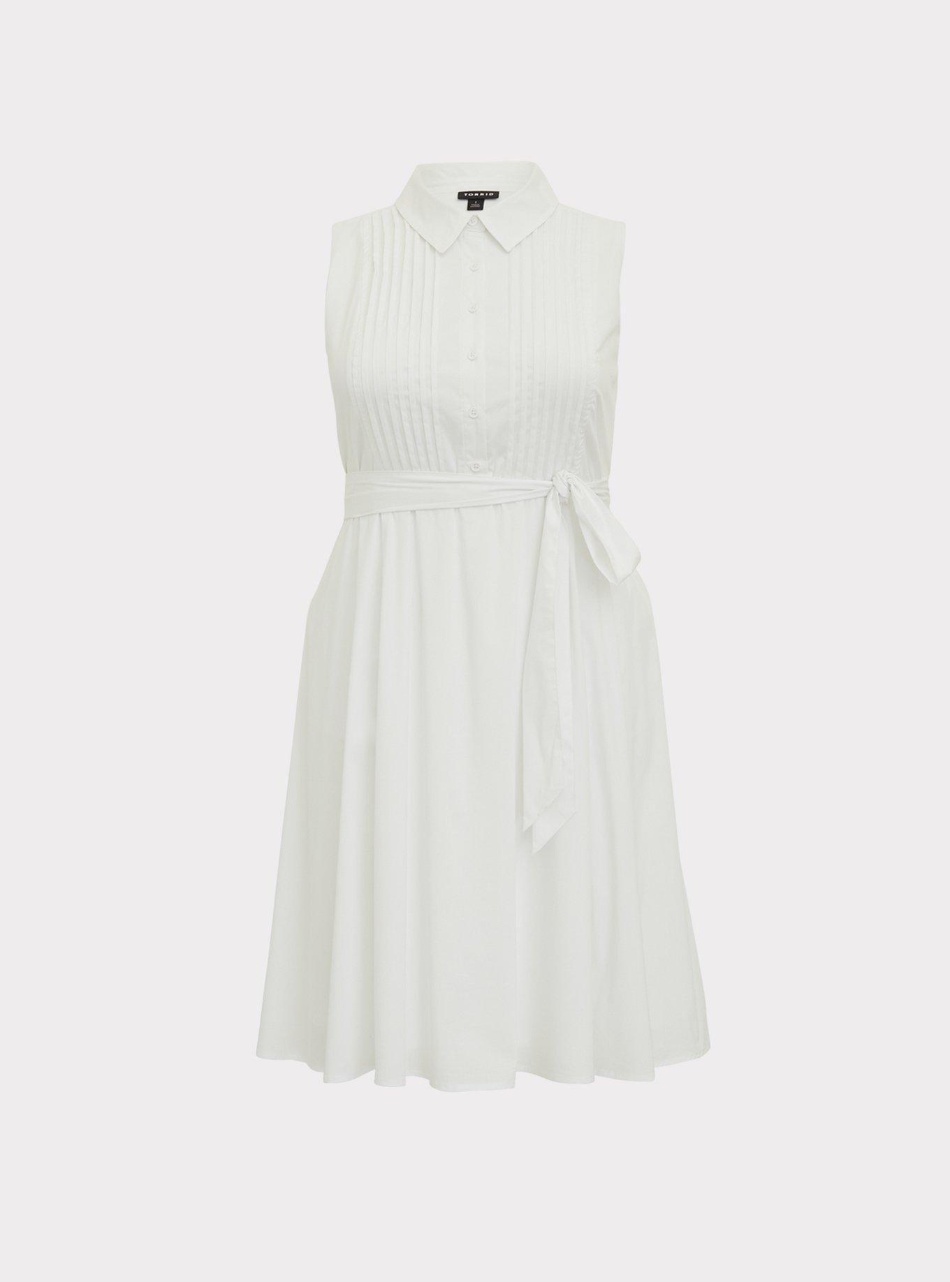 White Poplin Self Tie Pintuck Shirt Dress, , hi-res