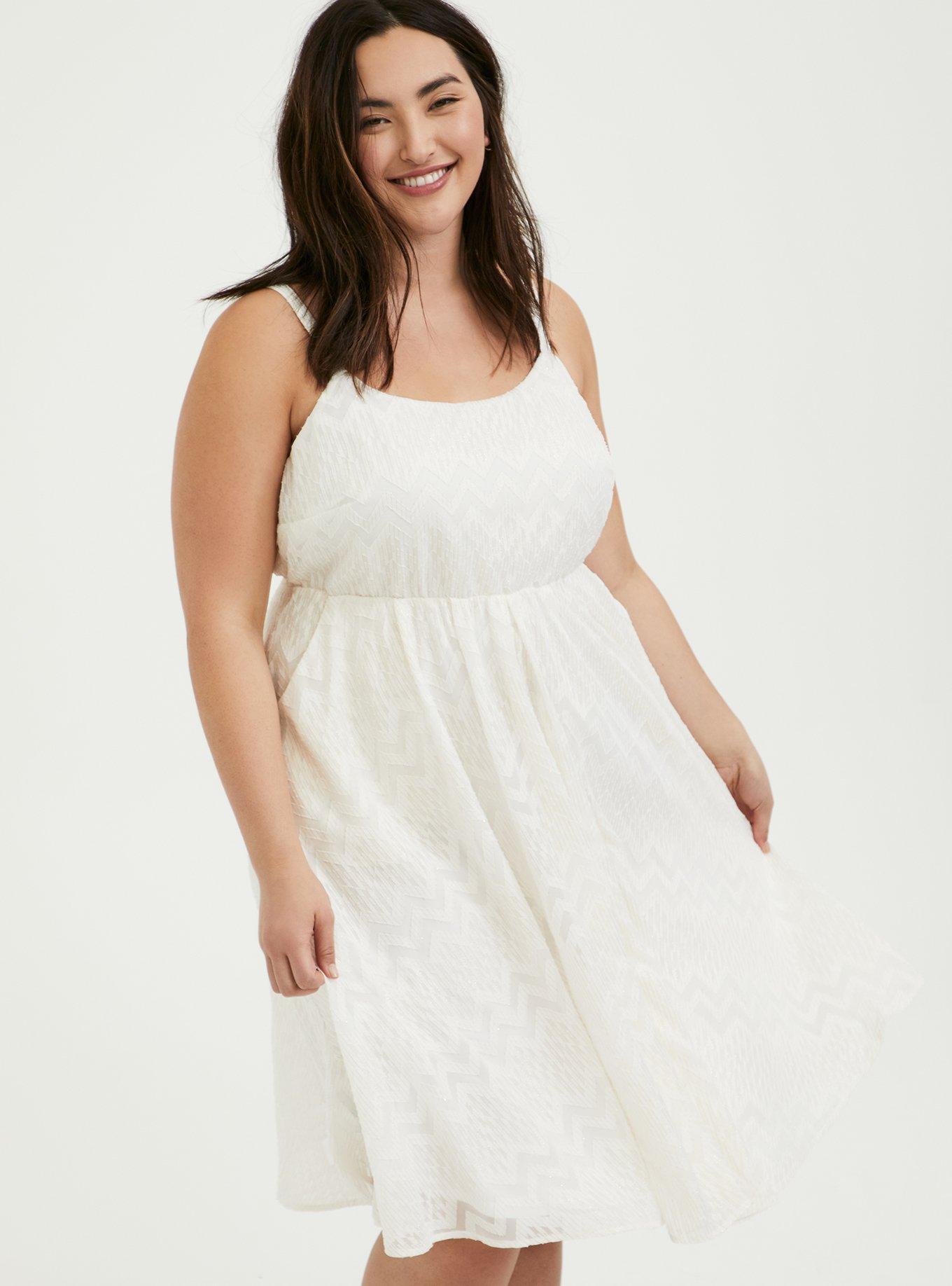 Plus Size - White Chiffon Chevron Stripe & Metallic Thread Midi Dress -  Torrid