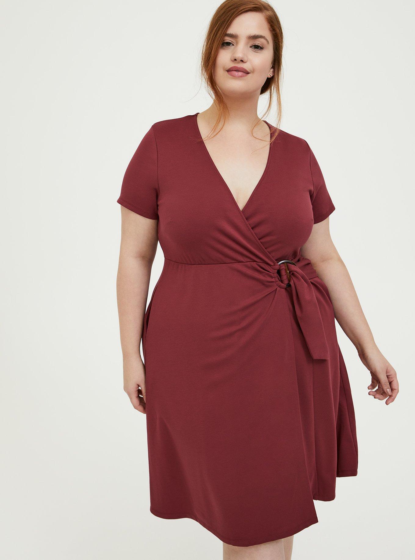 Dark Red Premium Ponte O-Ring Mini Wrap Dress, , alternate