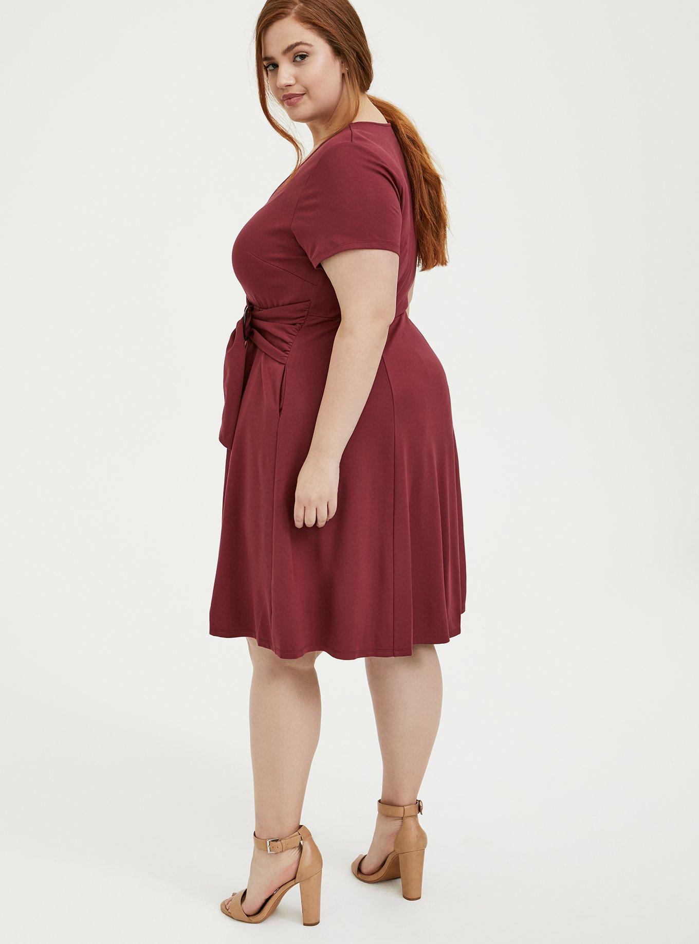 Dark Red Premium Ponte O-Ring Mini Wrap Dress, , alternate