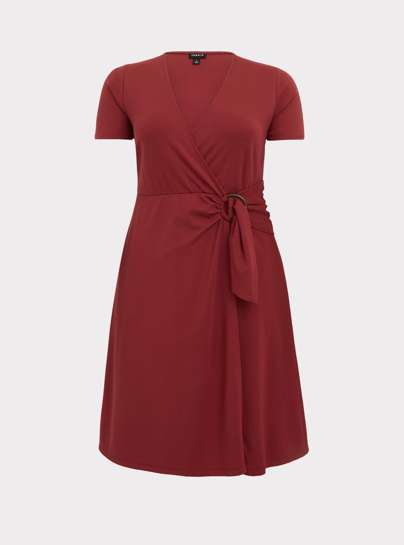 Dark Red Premium Ponte O-Ring Mini Wrap Dress, , hi-res