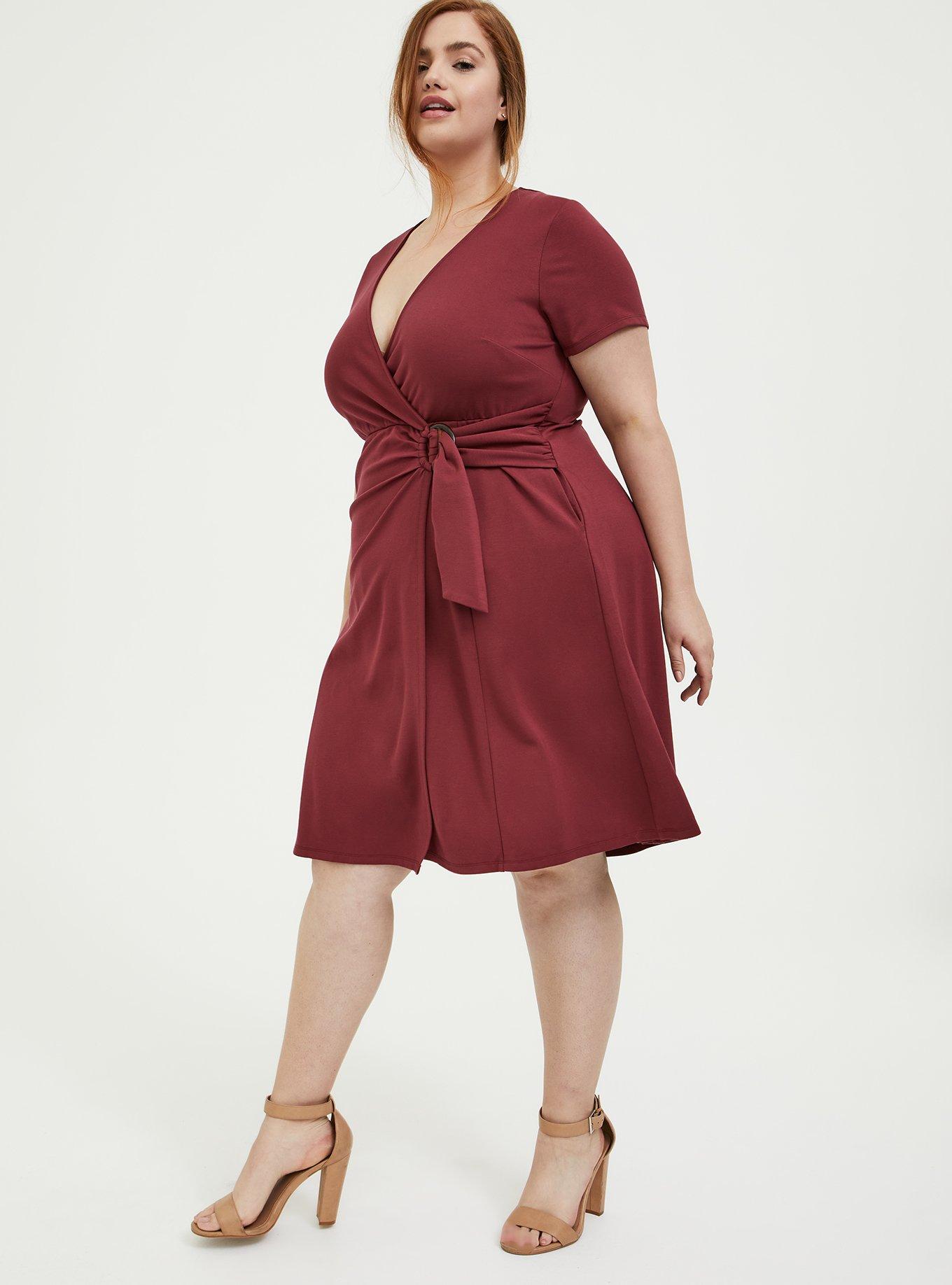 Dark Red Premium Ponte O-Ring Mini Wrap Dress, , hi-res