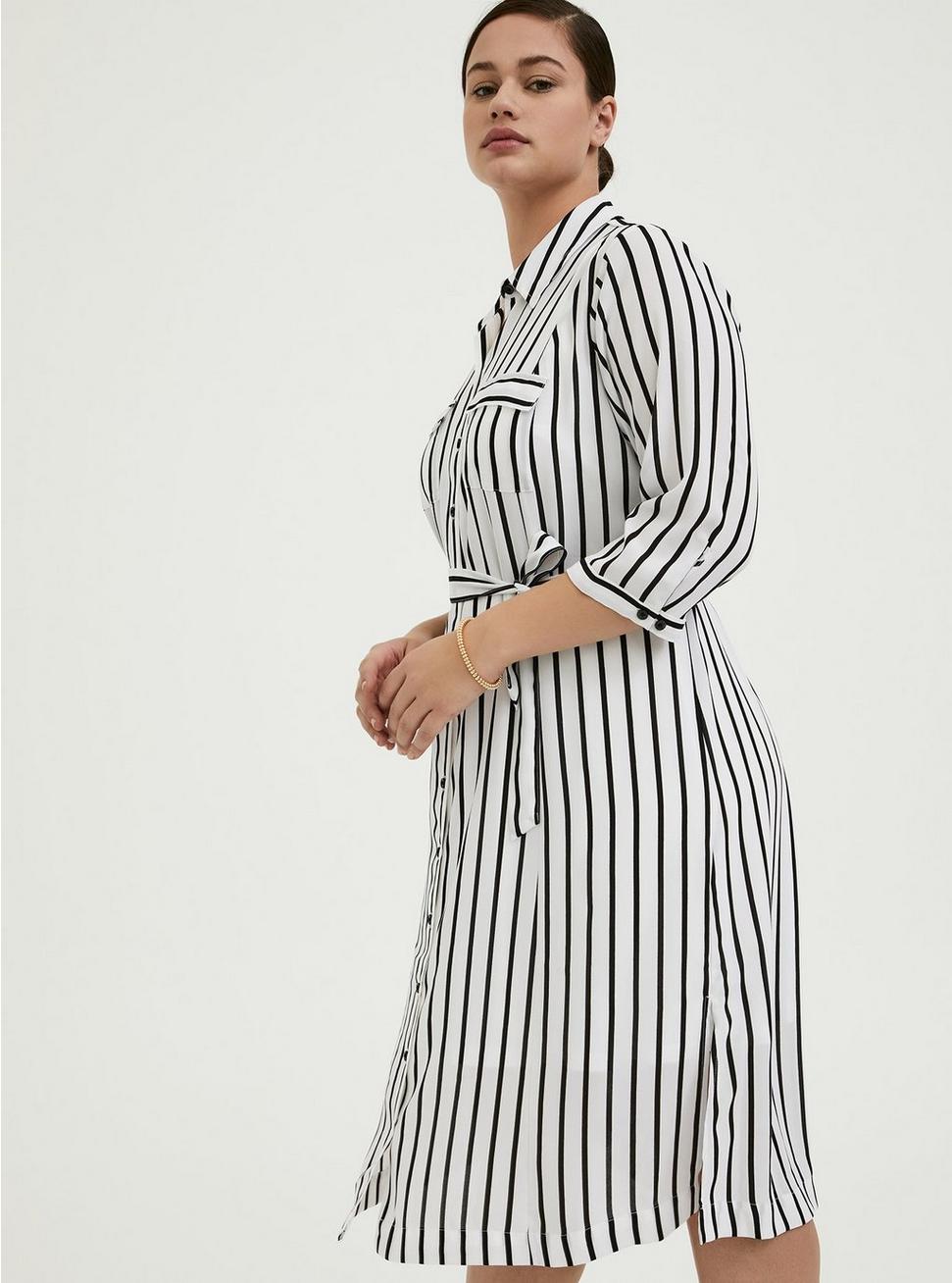 Plus Size - Black & White Stripe Georgette Midi Shirt Dress - Torrid