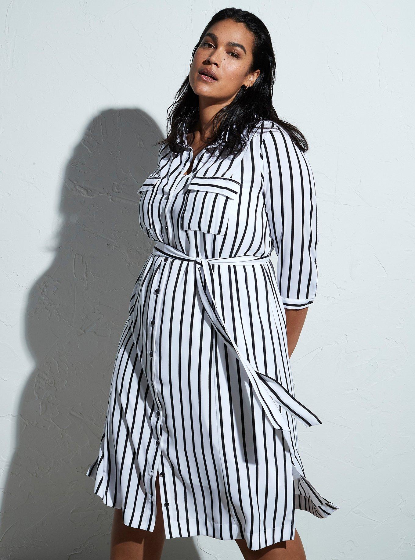 Plus Size - Black & White Stripe Georgette Midi Shirt Dress - Torrid