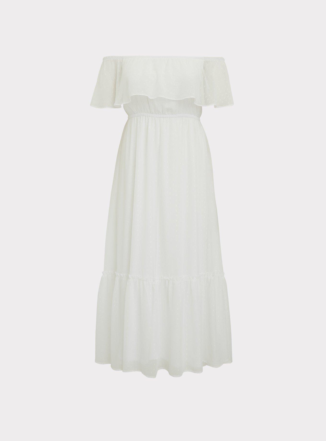 Plus Size - White Chiffon Swiss Dot Off Shoulder Shirred Maxi Dress ...