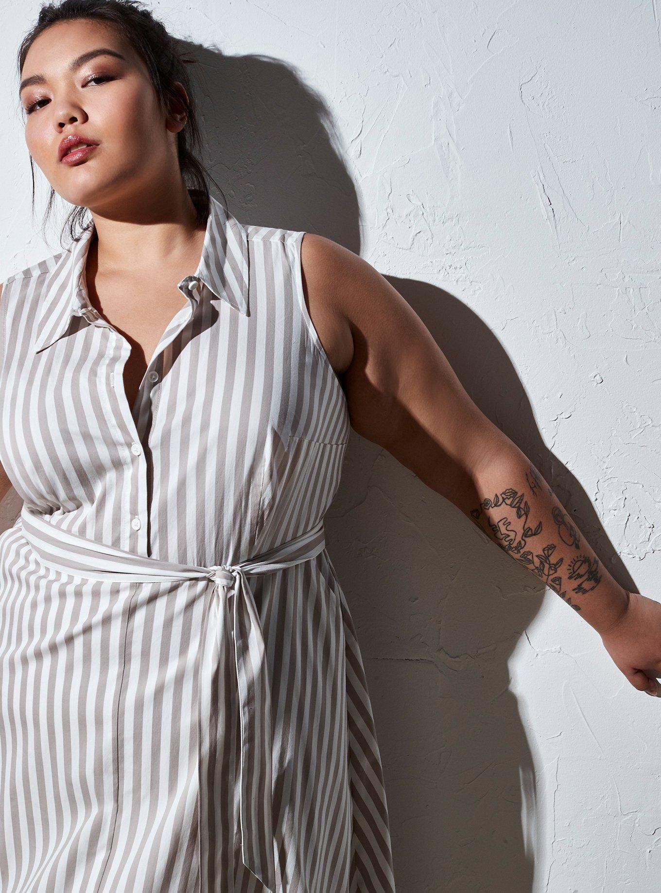 Taupe & White Stripe Poplin Shirt Dress, , hi-res