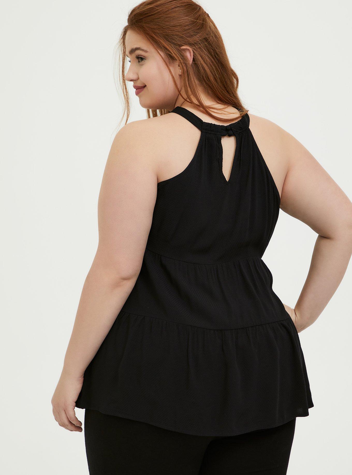 Black Textured Shirred Hem Halter Tunic Top, DEEP BLACK, alternate