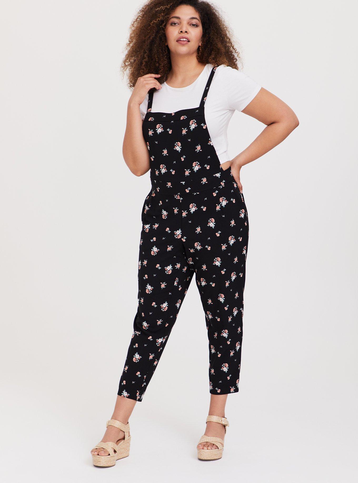 Black Ditsy Floral Crepe Overall, , hi-res