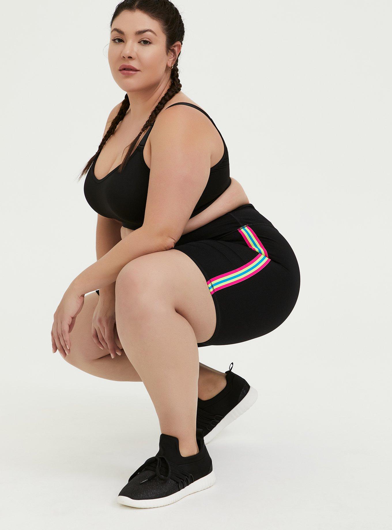 Plus Size Black & Neon Stripe Wicking Active Bike Short, DEEP BLACK, alternate