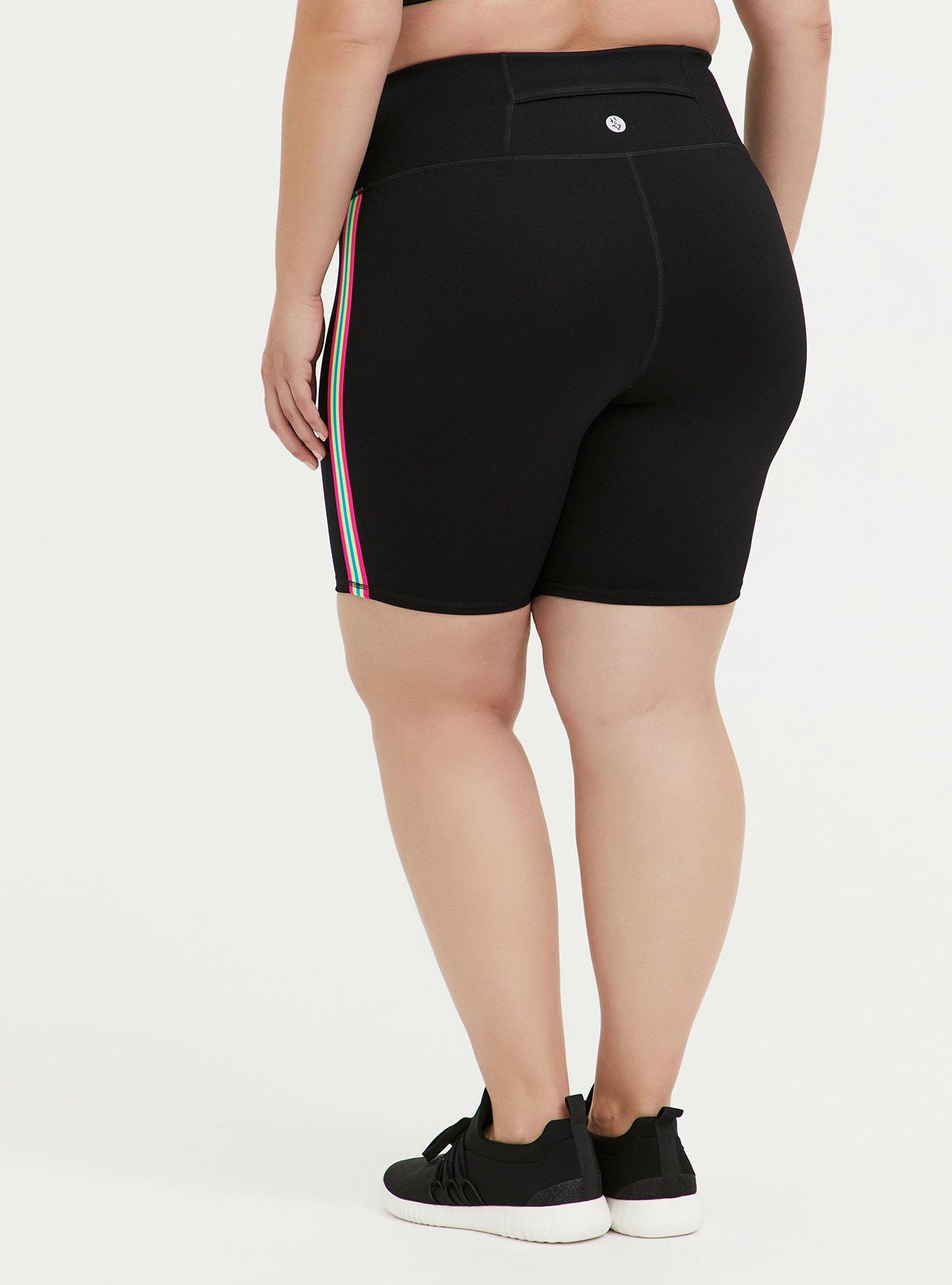 Plus Size Black & Neon Stripe Wicking Active Bike Short, DEEP BLACK, alternate
