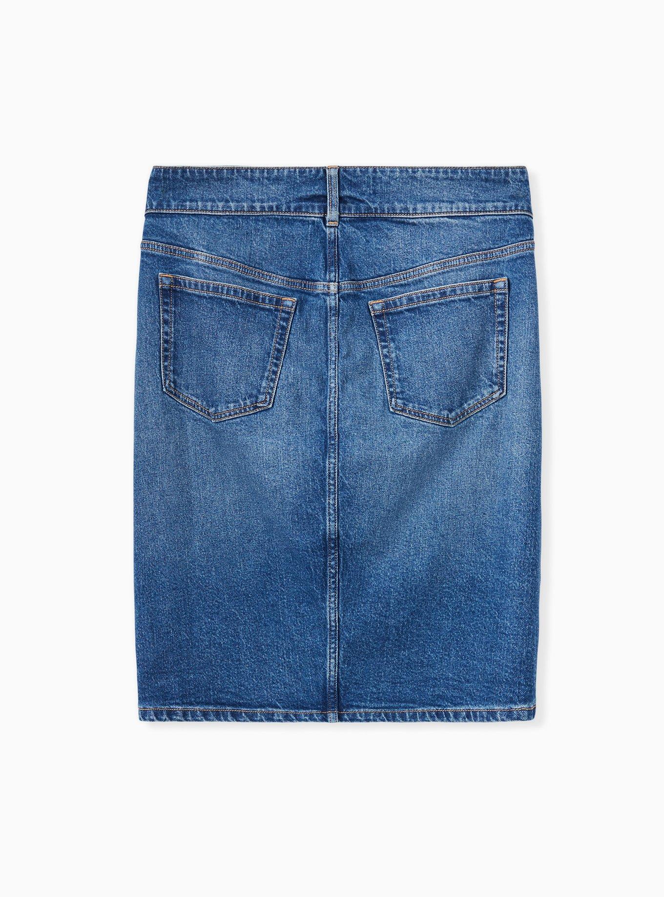 Denim Slit Front Pencil Skirt - Medium Wash , , alternate