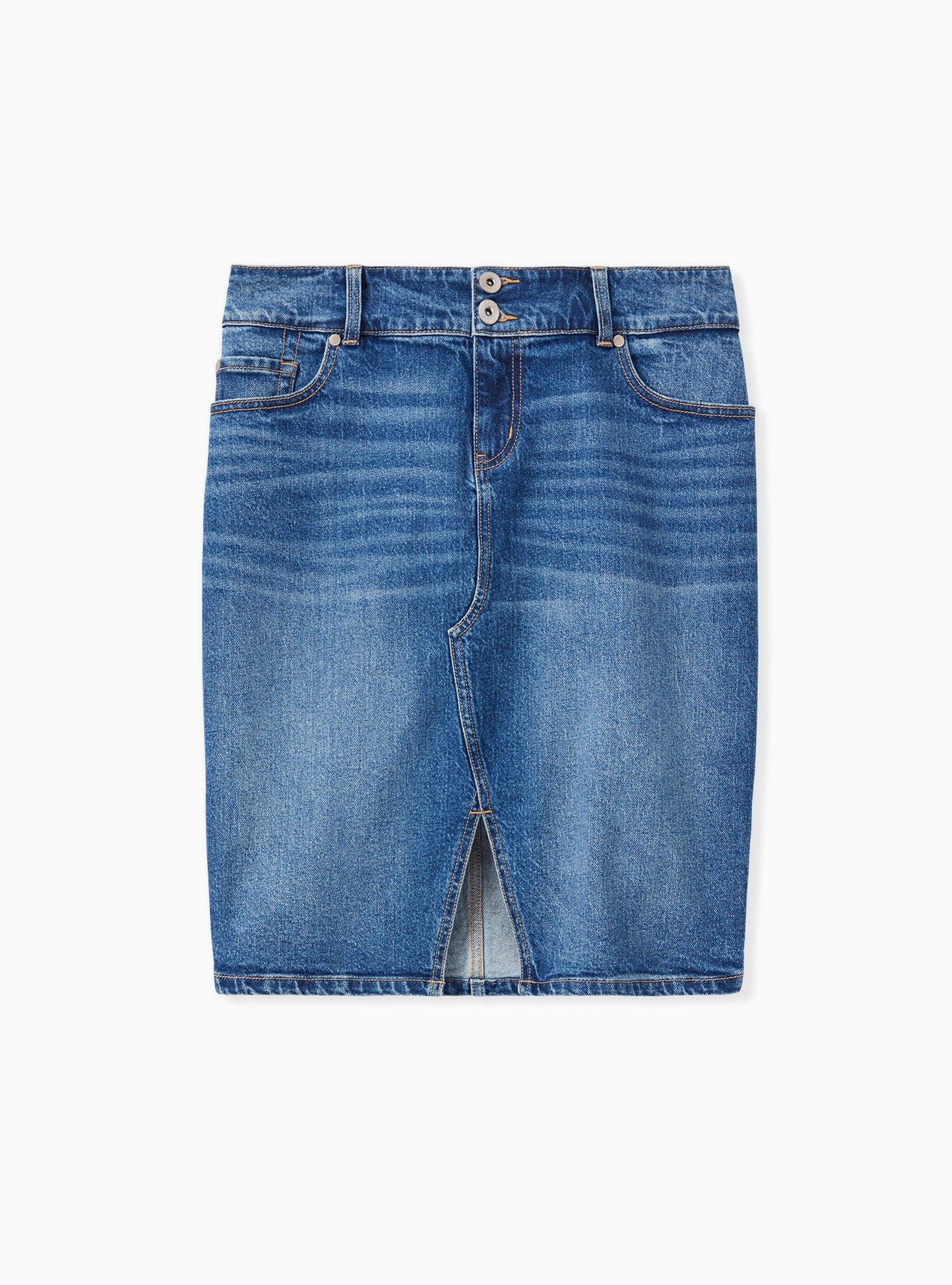 Denim Slit Front Pencil Skirt - Medium Wash , , hi-res