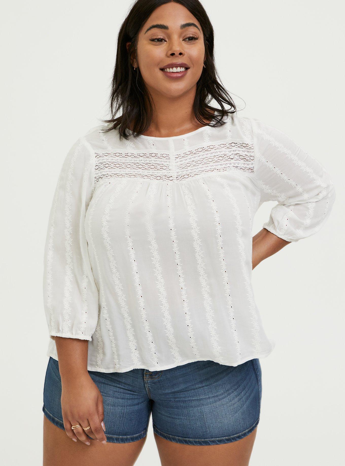 Plus Size - White Eyelet & Lace Embroidered Hi-Lo Blouse - Torrid