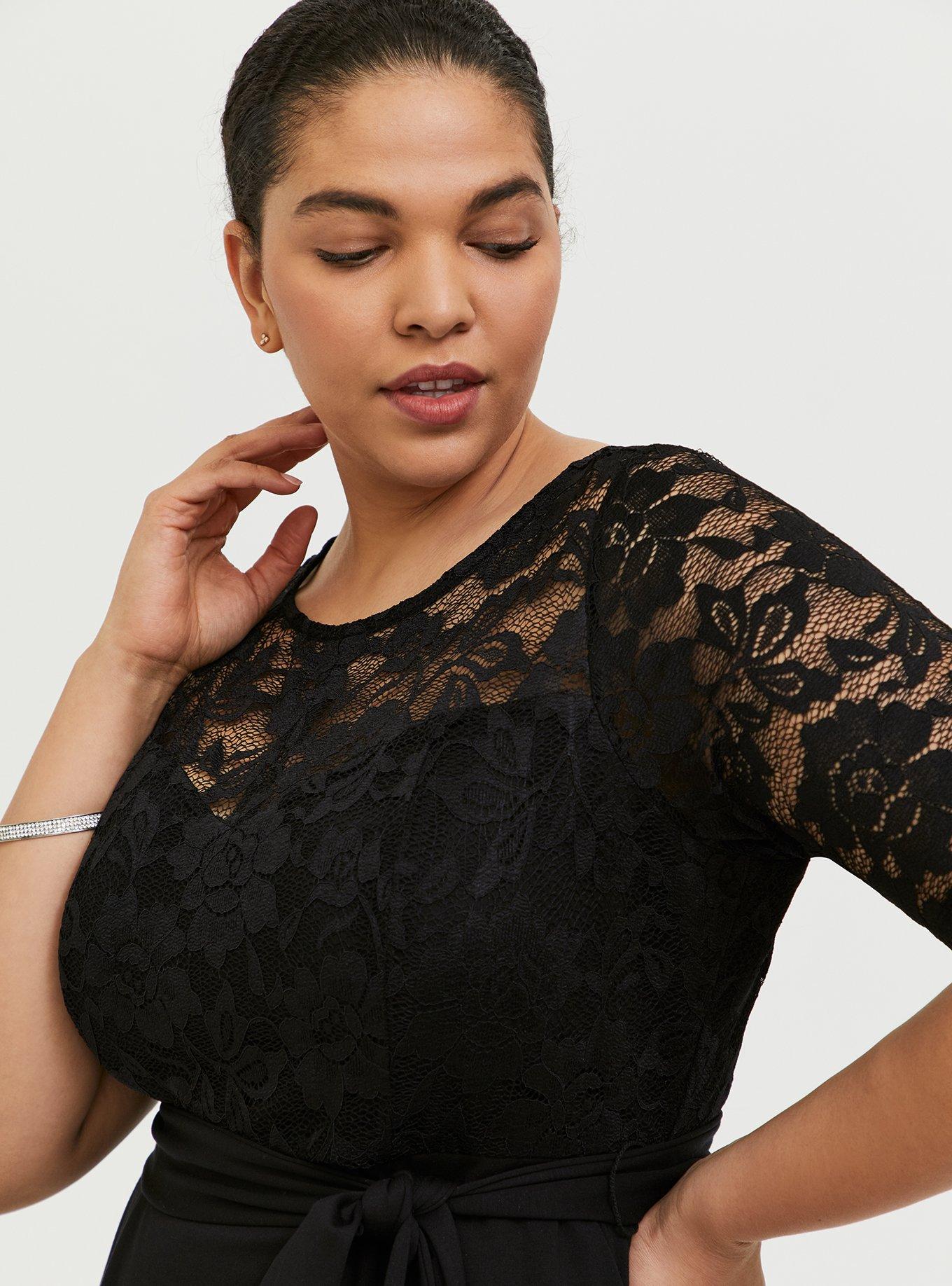 Plus Size - Black Ponte & Lace Overlay Self Tie Skater Dress - Torrid