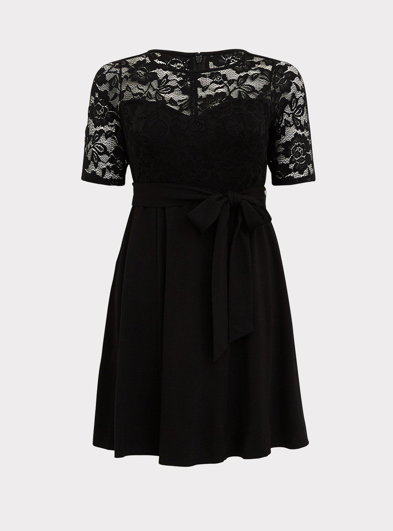 Plus Size - Black Ponte & Lace Overlay Self Tie Skater Dress - Torrid