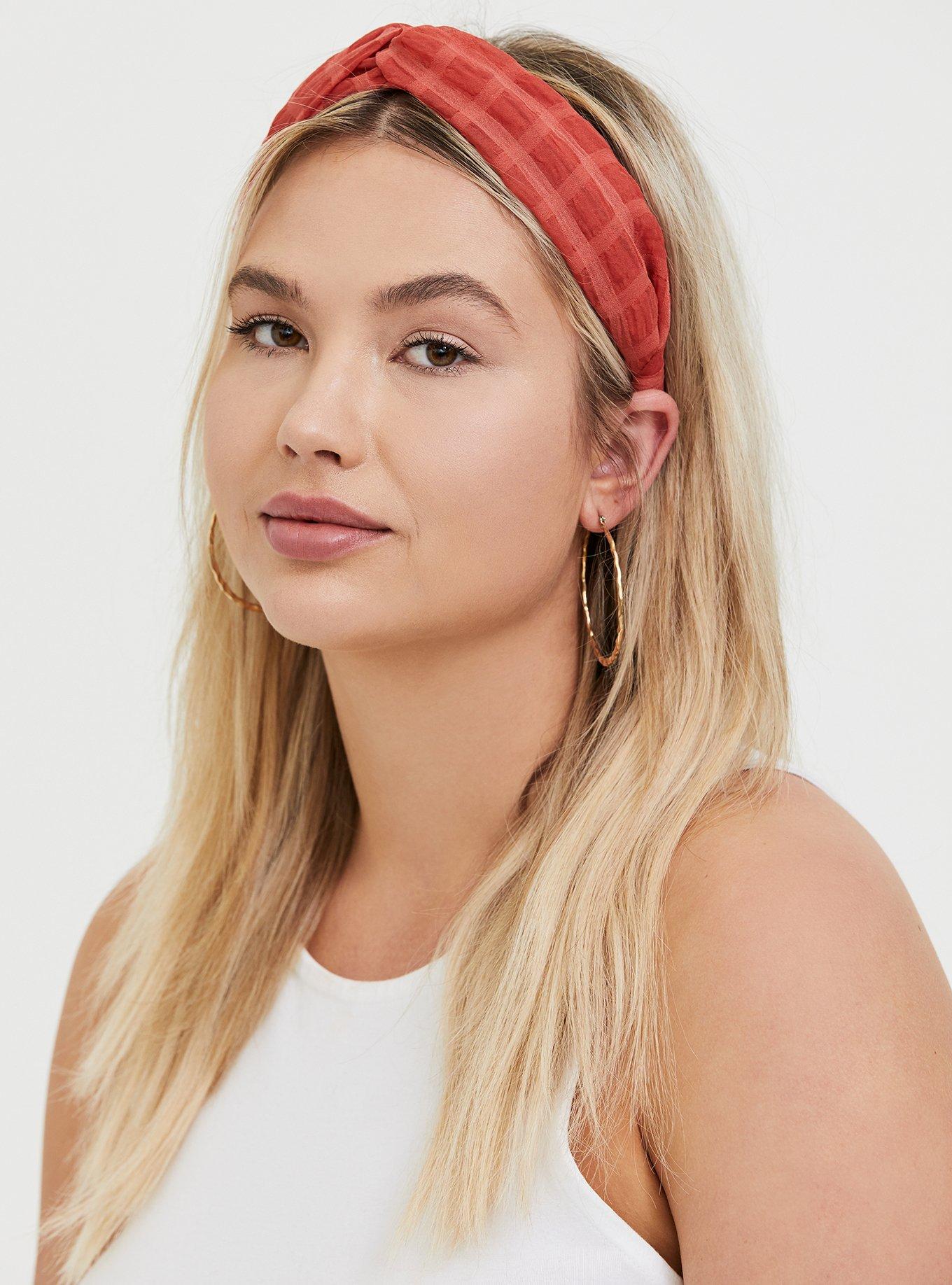 Plus Size Orange Terracotta Window Pane Chiffon Twist Headband, , alternate