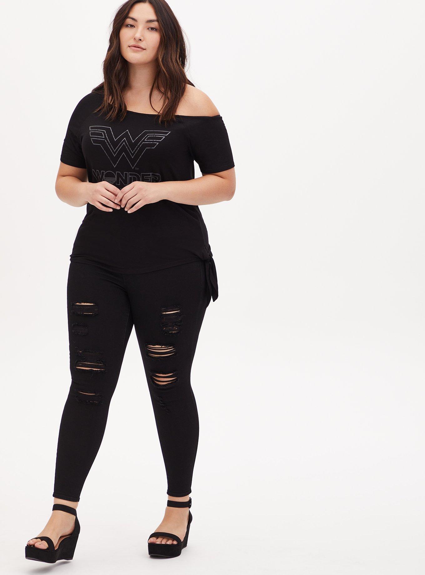 Wonder Woman 84 Black Jersey Off Shoulder Tie Front Top, DEEP BLACK, alternate