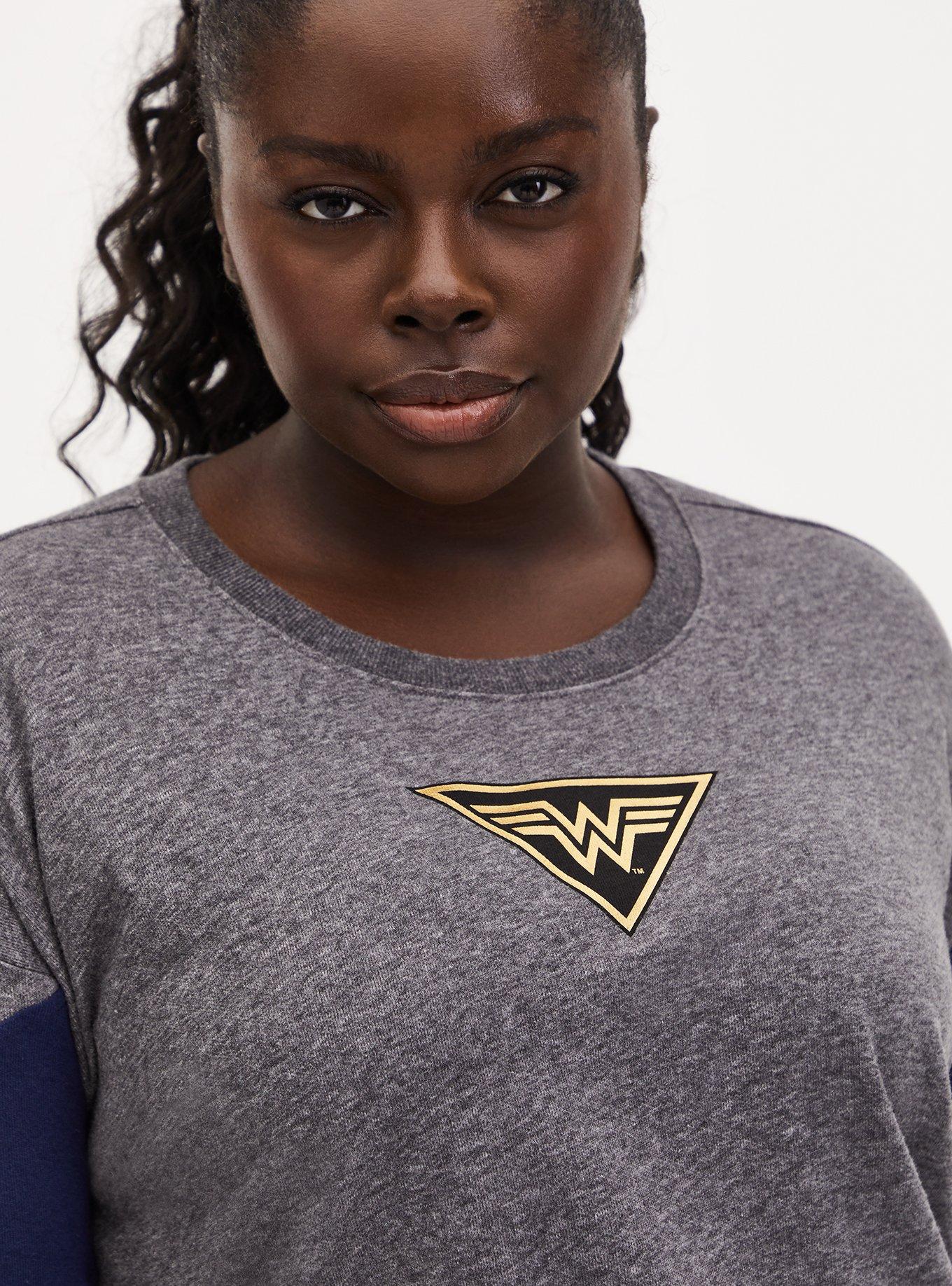 Plus Size Wonder Woman 84 Logo Grey Colorblock Sleeve Crop Sweatshirt , MULTI, alternate