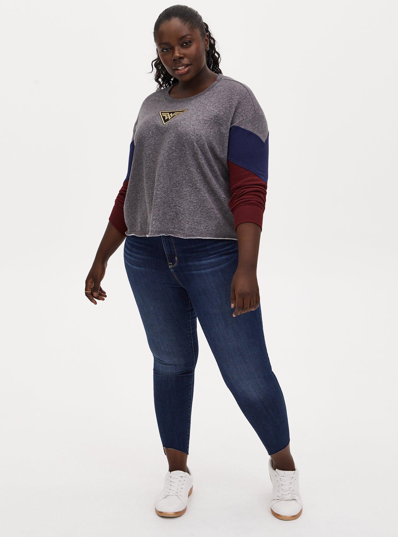 Plus Size Wonder Woman 84 Logo Grey Colorblock Sleeve Crop Sweatshirt , MULTI, alternate