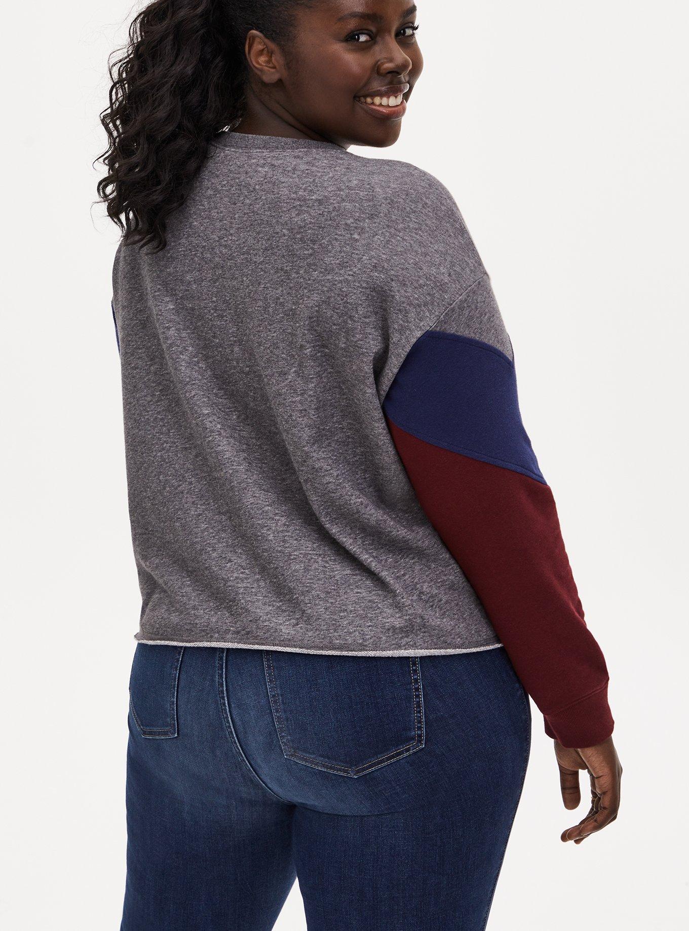 Plus Size Wonder Woman 84 Logo Grey Colorblock Sleeve Crop Sweatshirt , MULTI, alternate