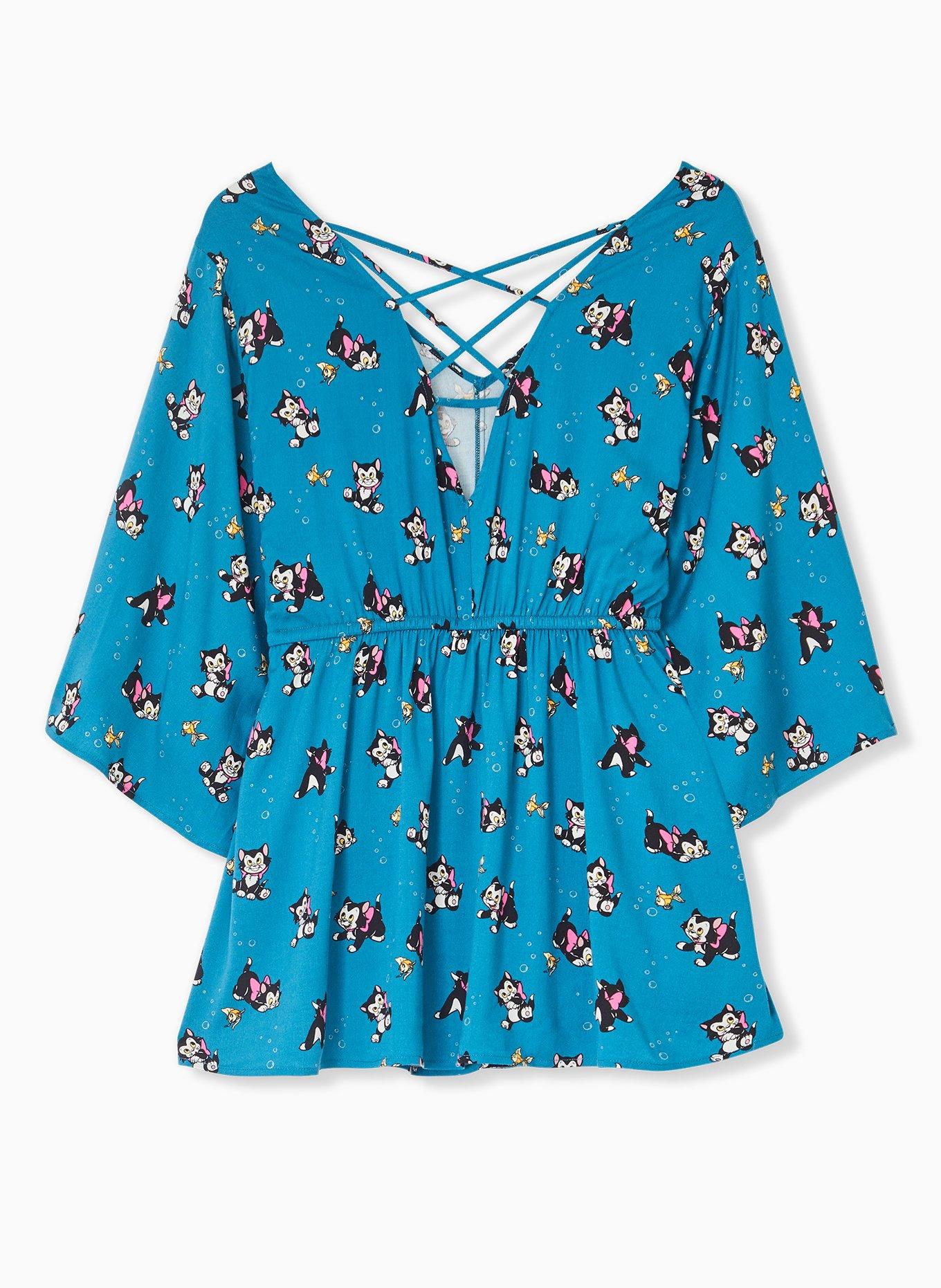 Disney Animals Pinocchio Figaro & Cleo Teal Blue Babydoll Top, MULTI, alternate