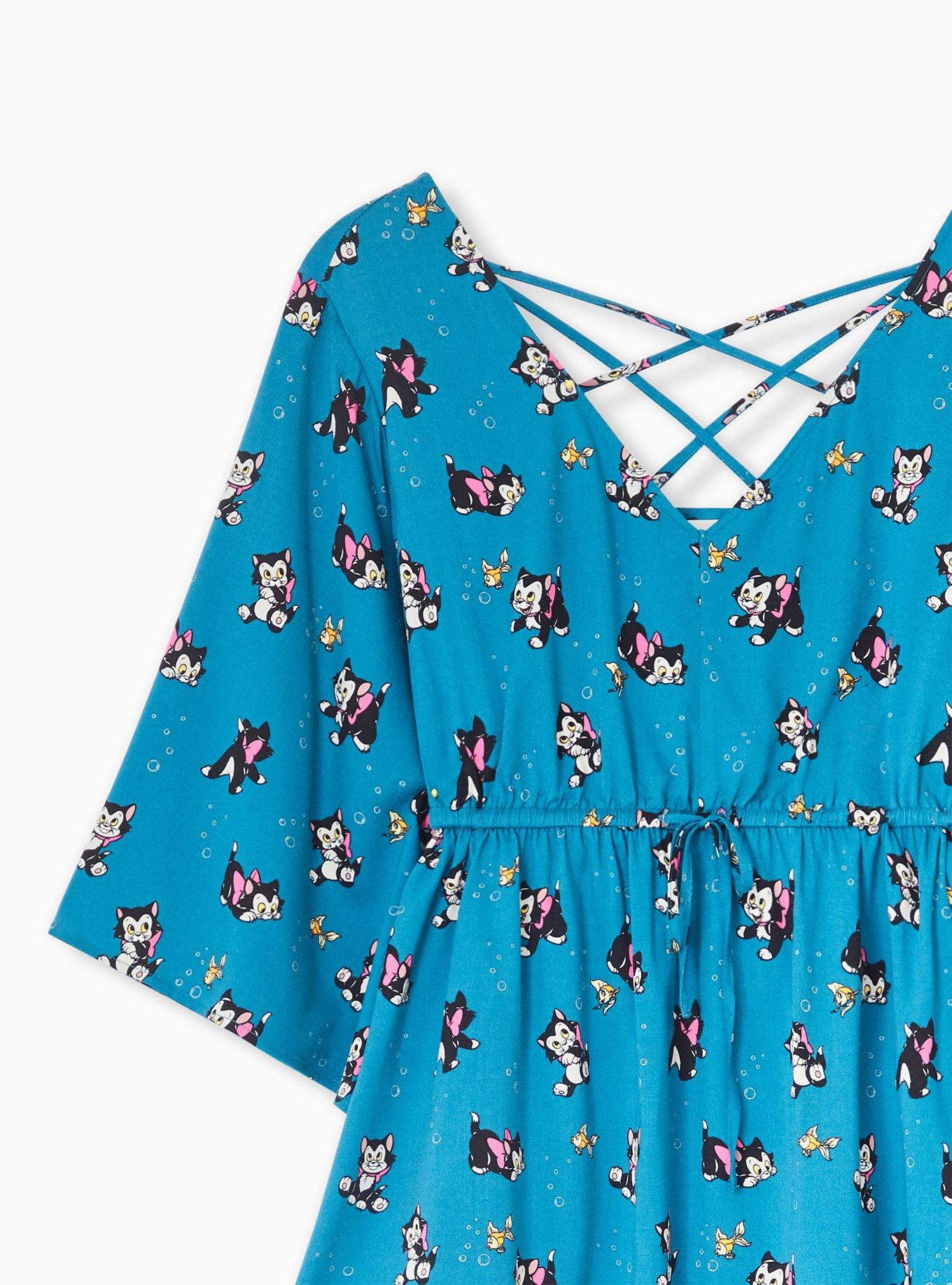 Disney Animals Pinocchio Figaro & Cleo Teal Blue Babydoll Top, MULTI, alternate