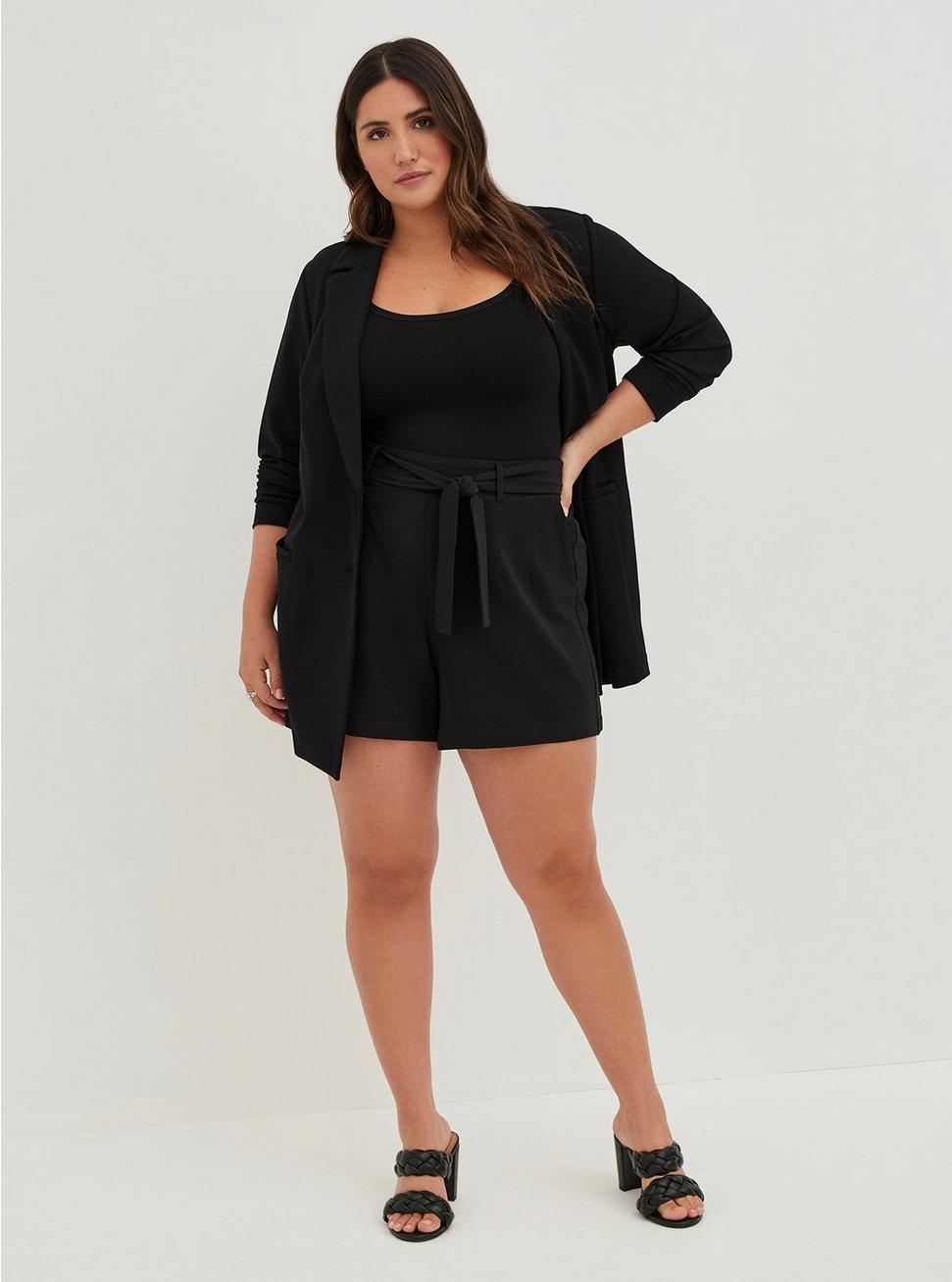 Plus Size 5 Inch Pull-On Stretch Crepe Mid-Rise Tie-Front Short, DEEP BLACK, hi-res
