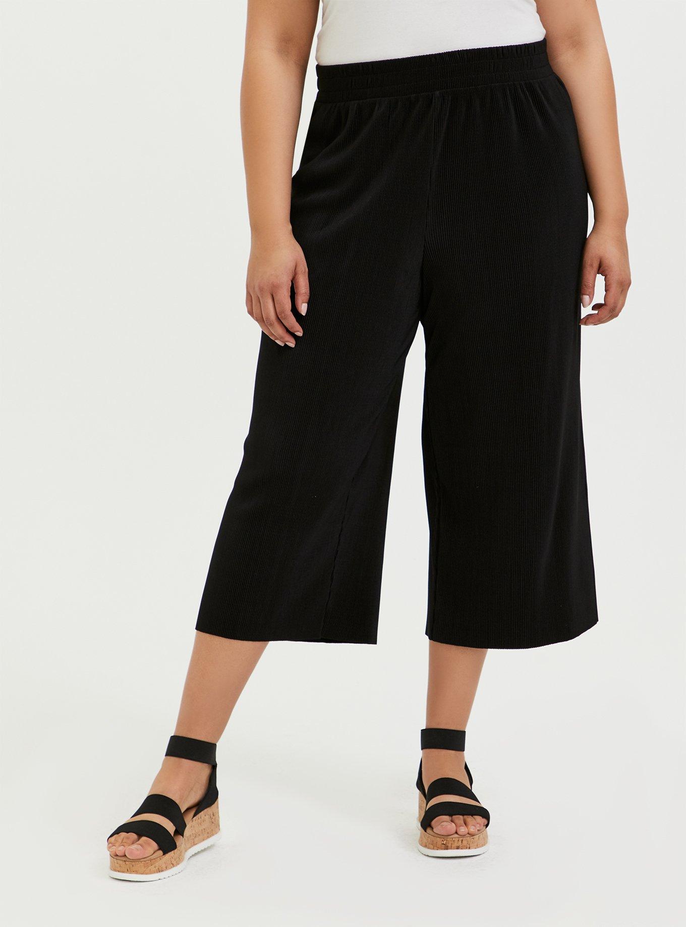Plus Size Black Plisse Pleated Culotte Pant, DEEP BLACK, hi-res
