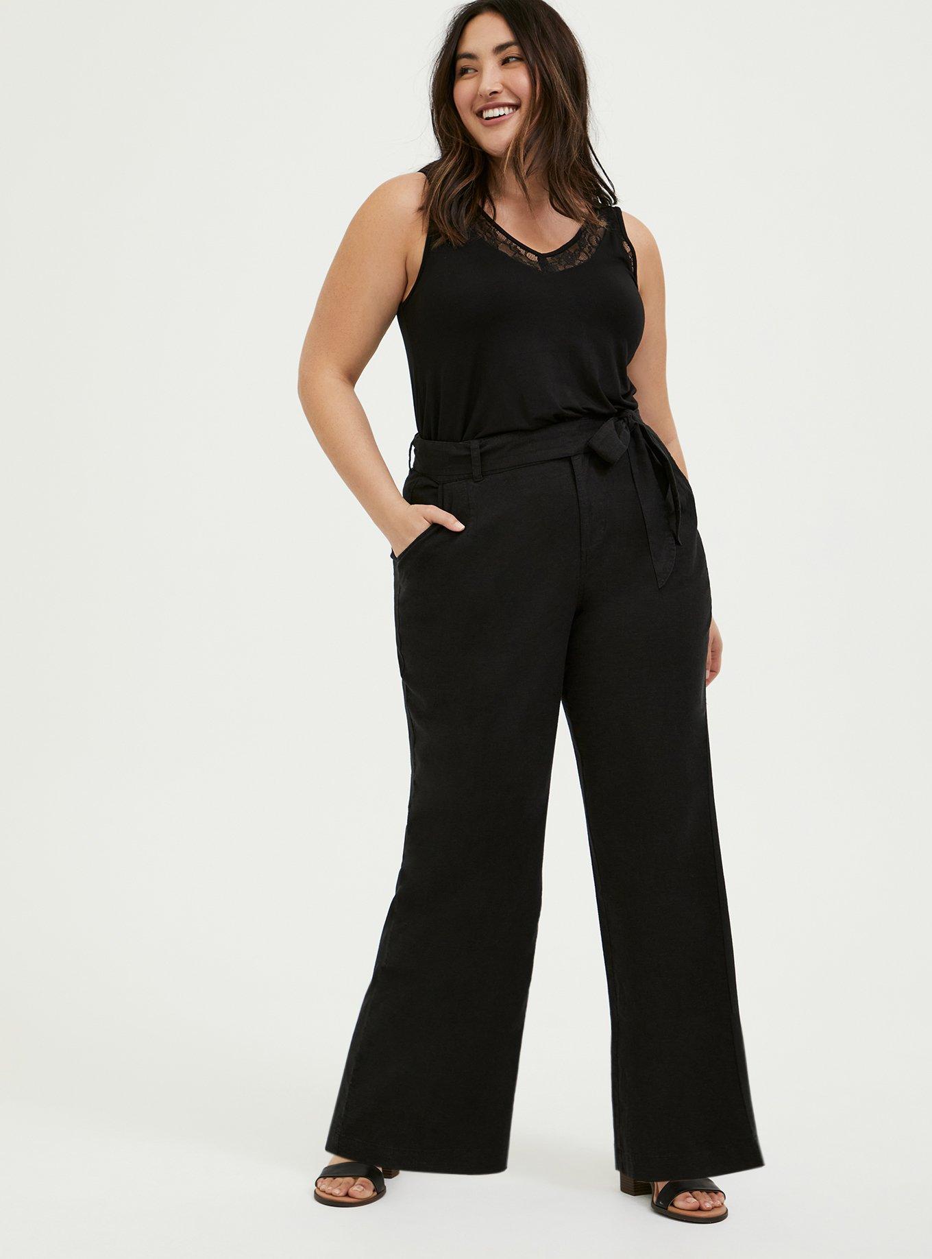 Plus Size - Pull-On Wide Leg Stretch Linen Blend High-Rise Tie