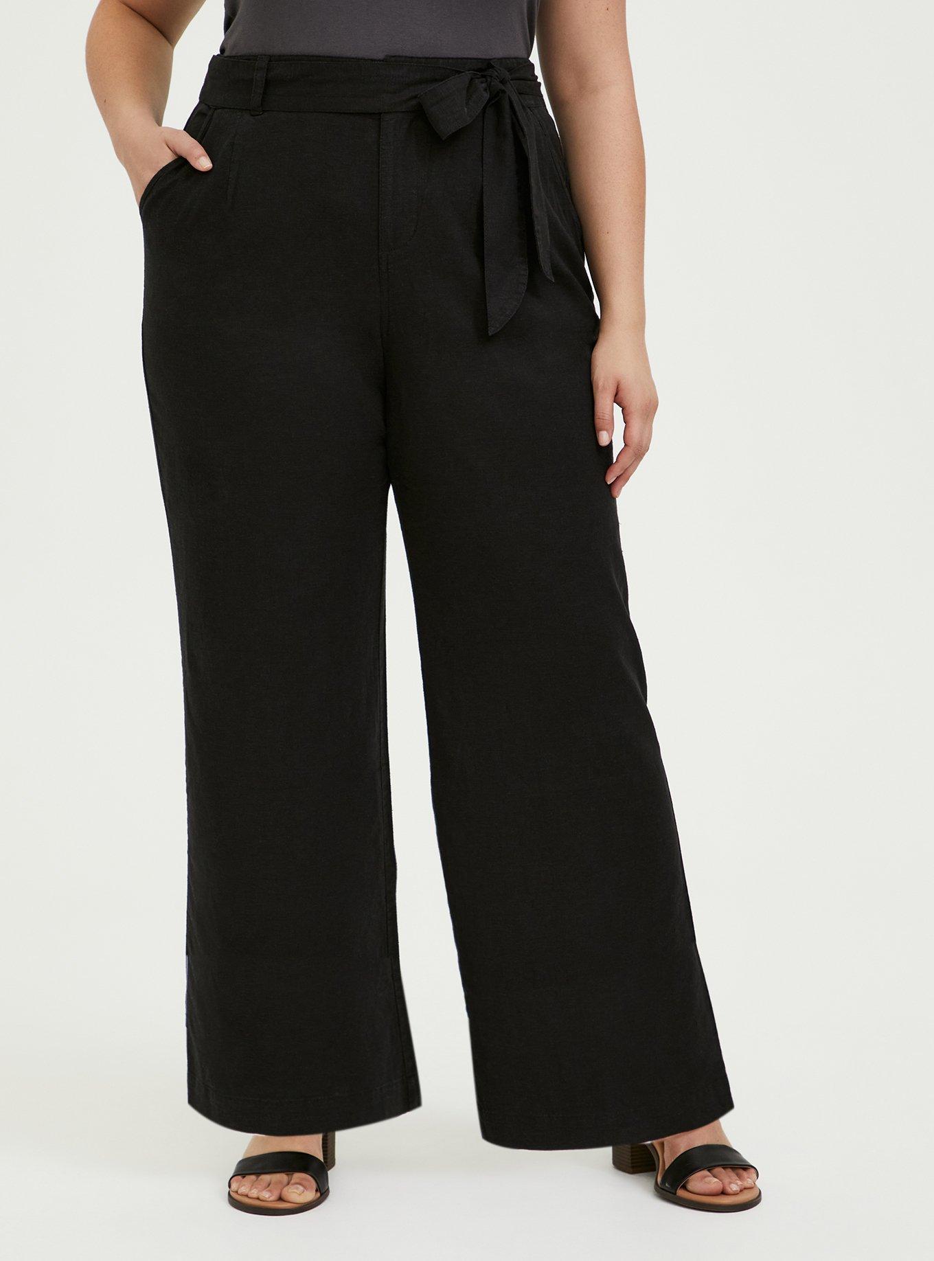 Pull-On Wide Leg Stretch Linen Blend High-Rise Tie-Front Pant, DEEP BLACK, hi-res