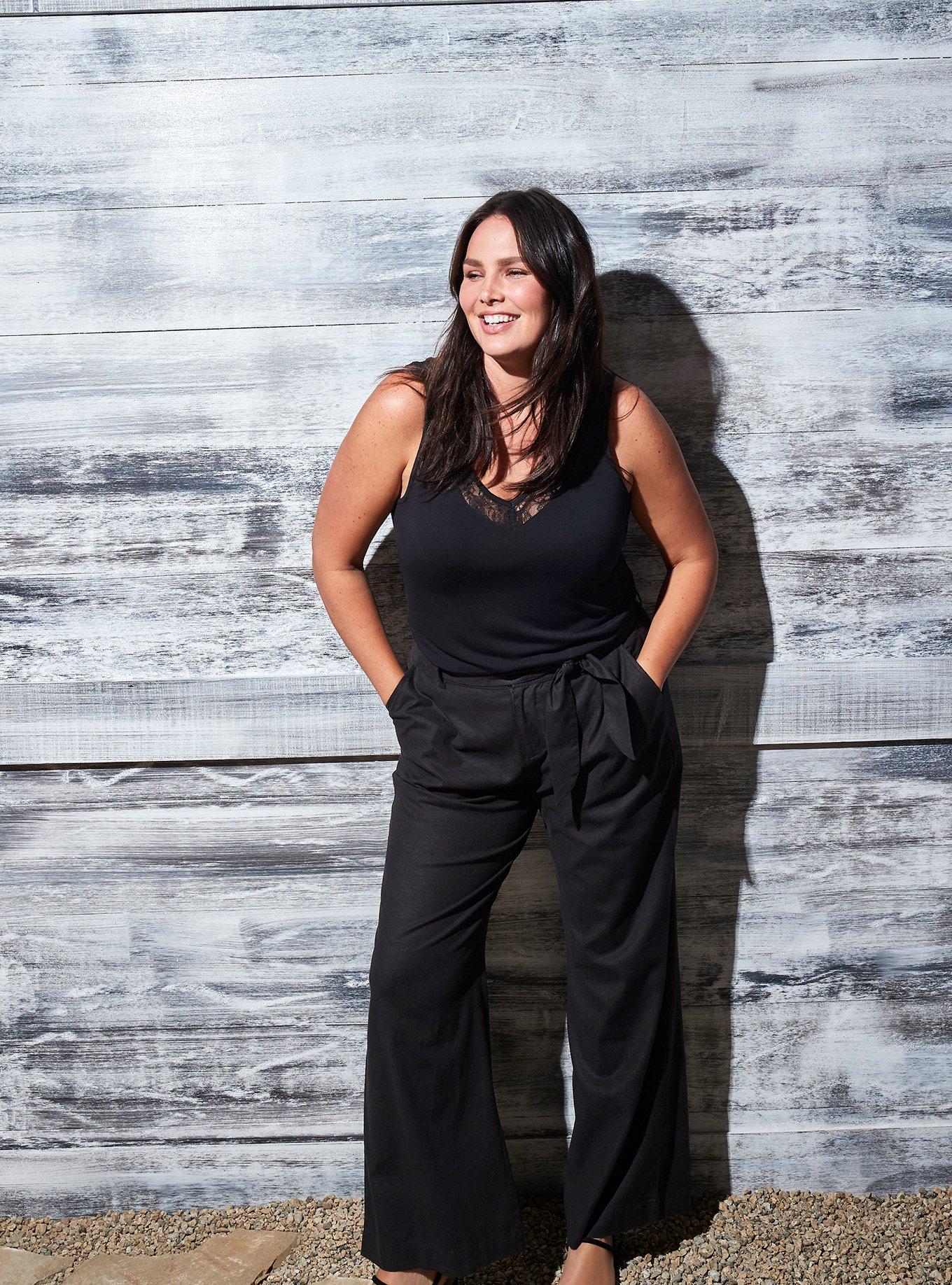 Pull-On Wide Leg Stretch Linen Blend High-Rise Tie-Front Pant, DEEP BLACK, hi-res