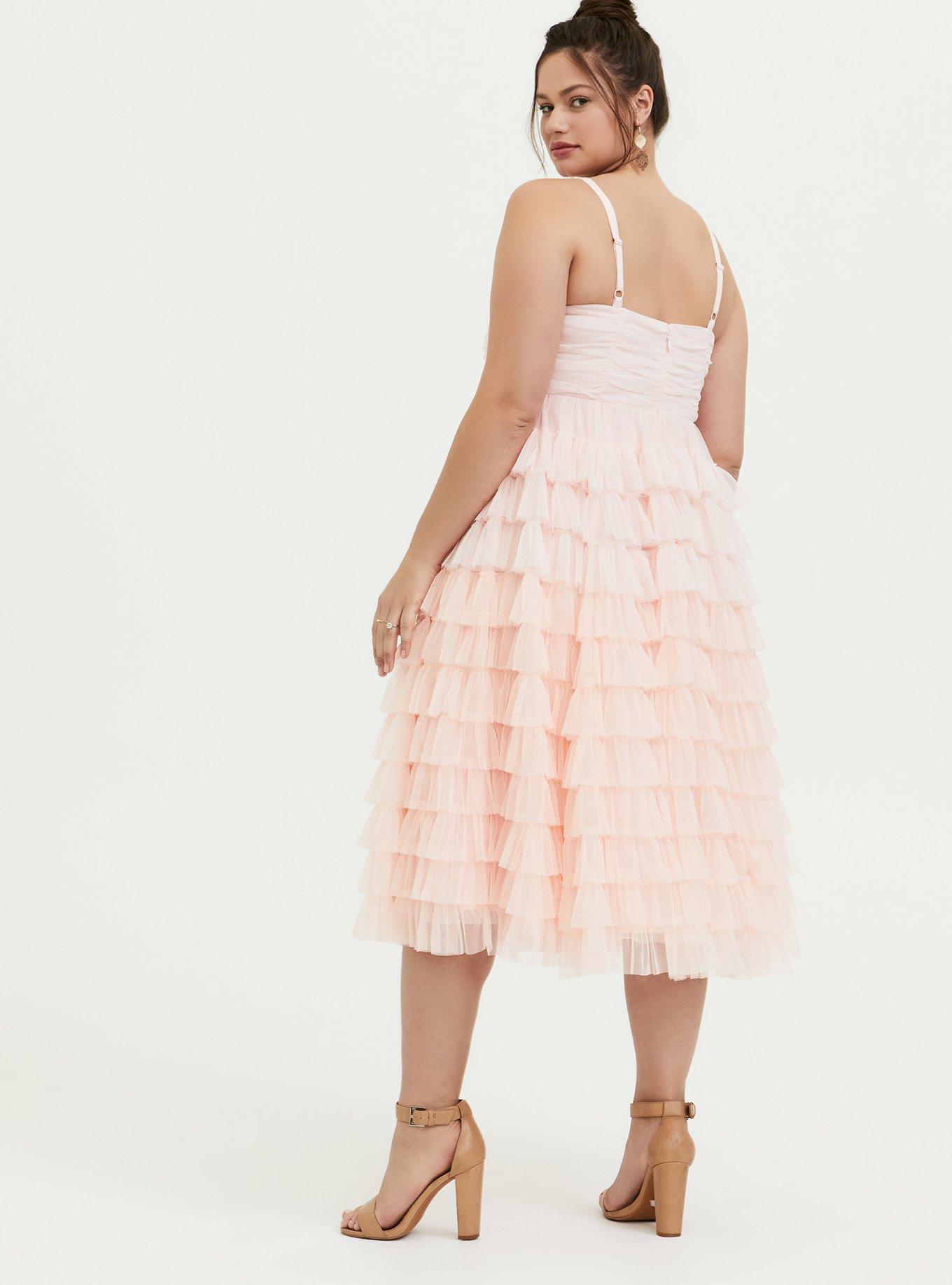 Plus Size - Special Occasion Peach Pink Mesh Tiered Ruffle Midi