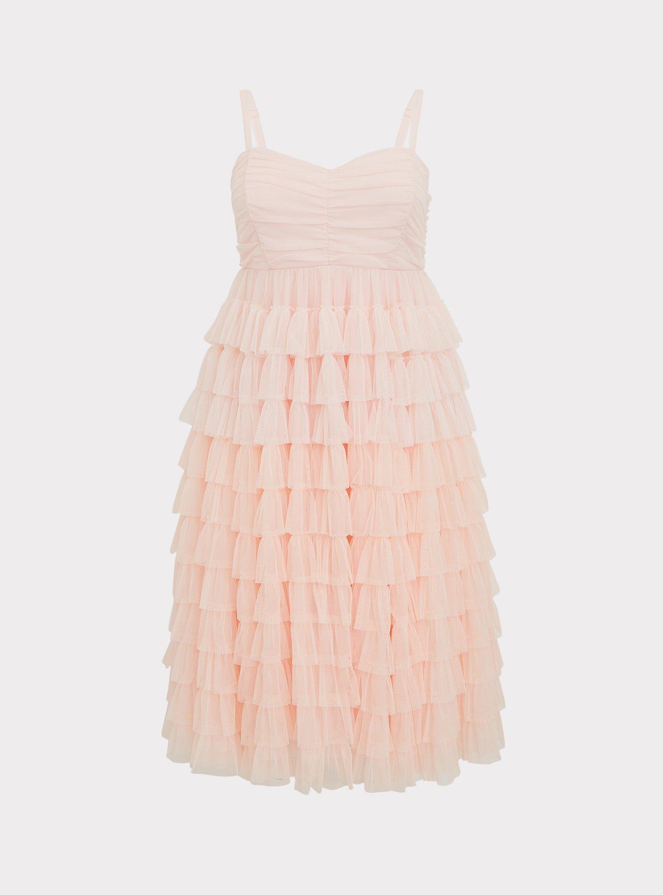 Plus Size - Special Occasion Peach Pink Mesh Tiered Ruffle Midi Dress -  Torrid