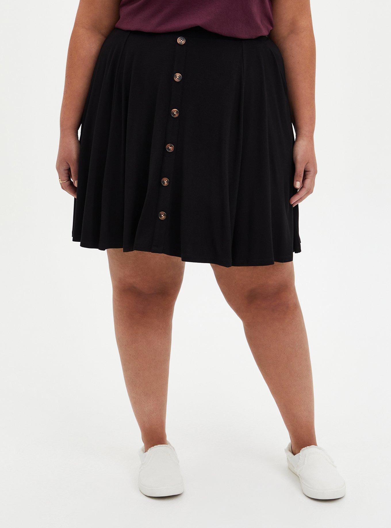 Plus Size Black Jersey Button Front Mini Skater Skirt Torrid