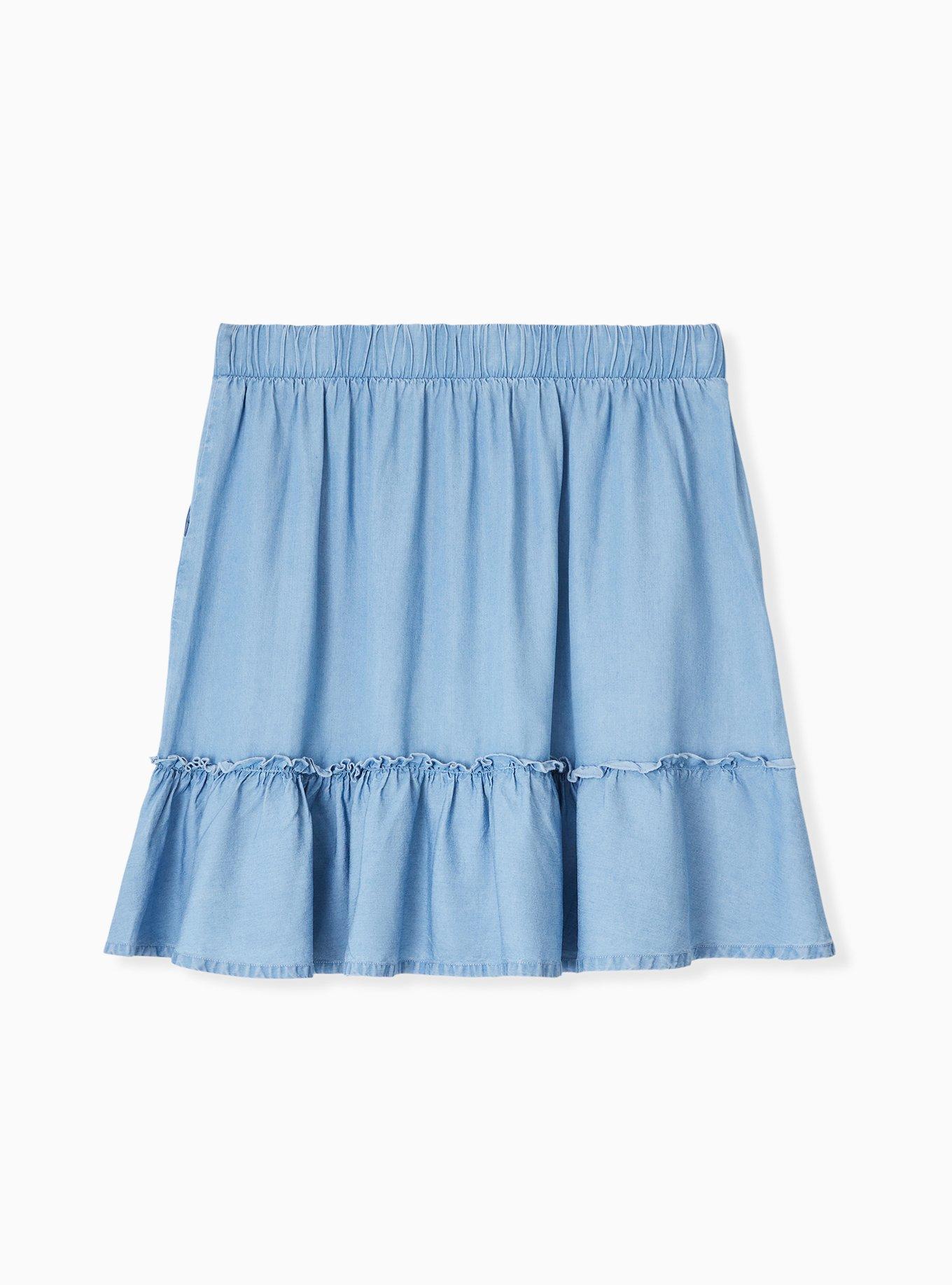 Plus Size Blue Chambray Ruffle Mini Skirt, CHAMBRAY, alternate