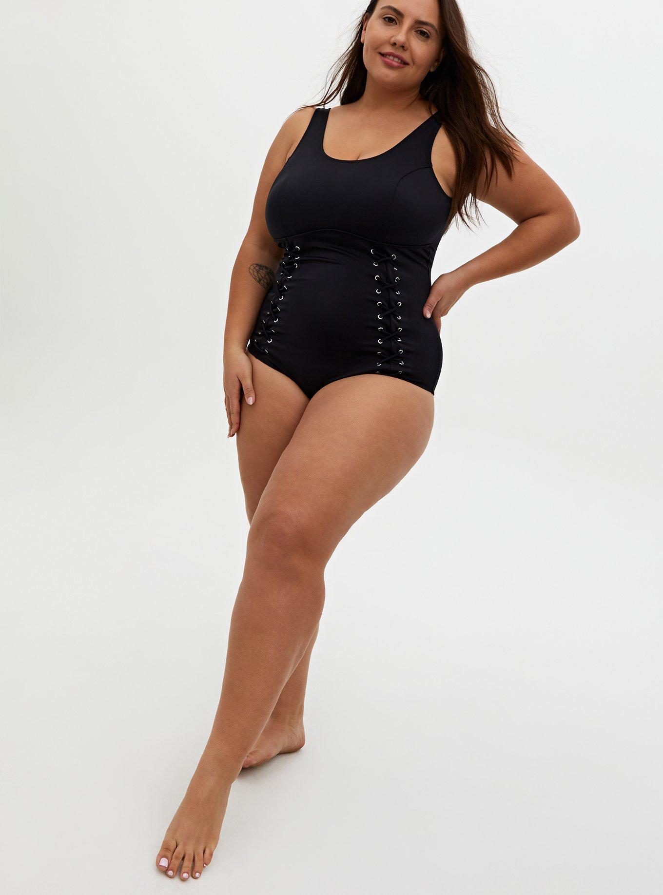 Black Wireless Lattice Front One-Piece Swimsuit, DEEP BLACK, alternate