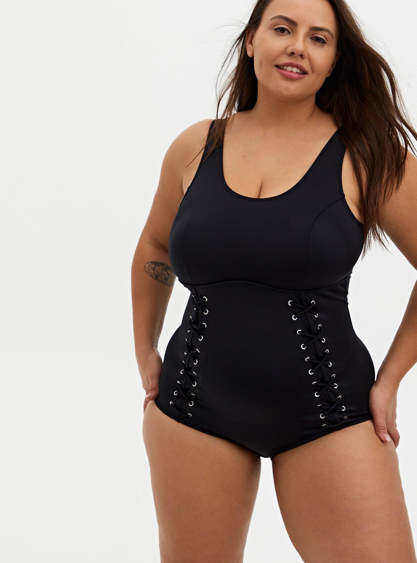 Plus Size - Black Wireless Lattice Front One-Piece Swimsuit - Torrid