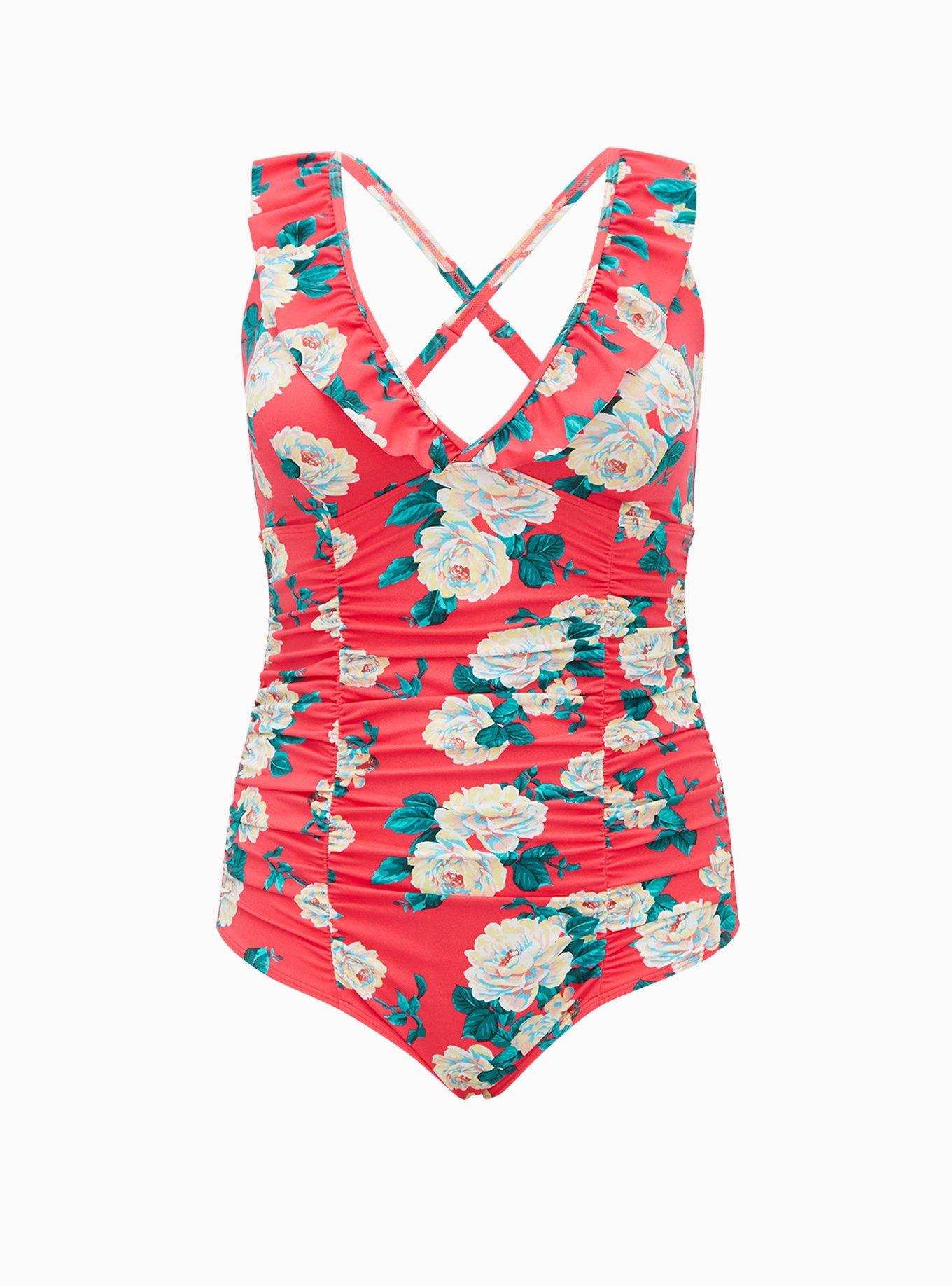 Plus Size - Coral Floral Wireless Ruffle One-Piece Swimsuit - Torrid
