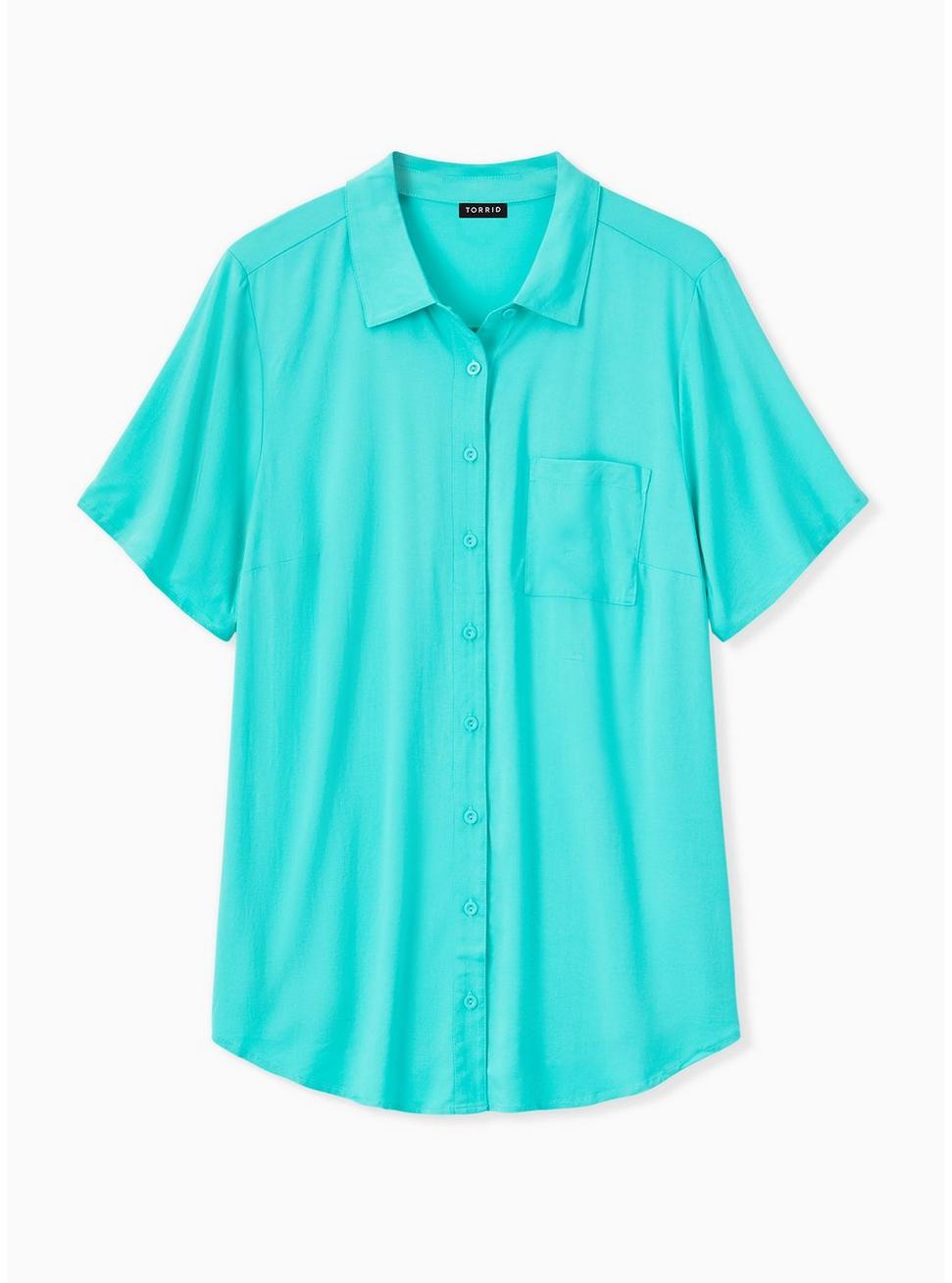 Stretch Challis Button-Front Shirt, AQUA GREEN, hi-res