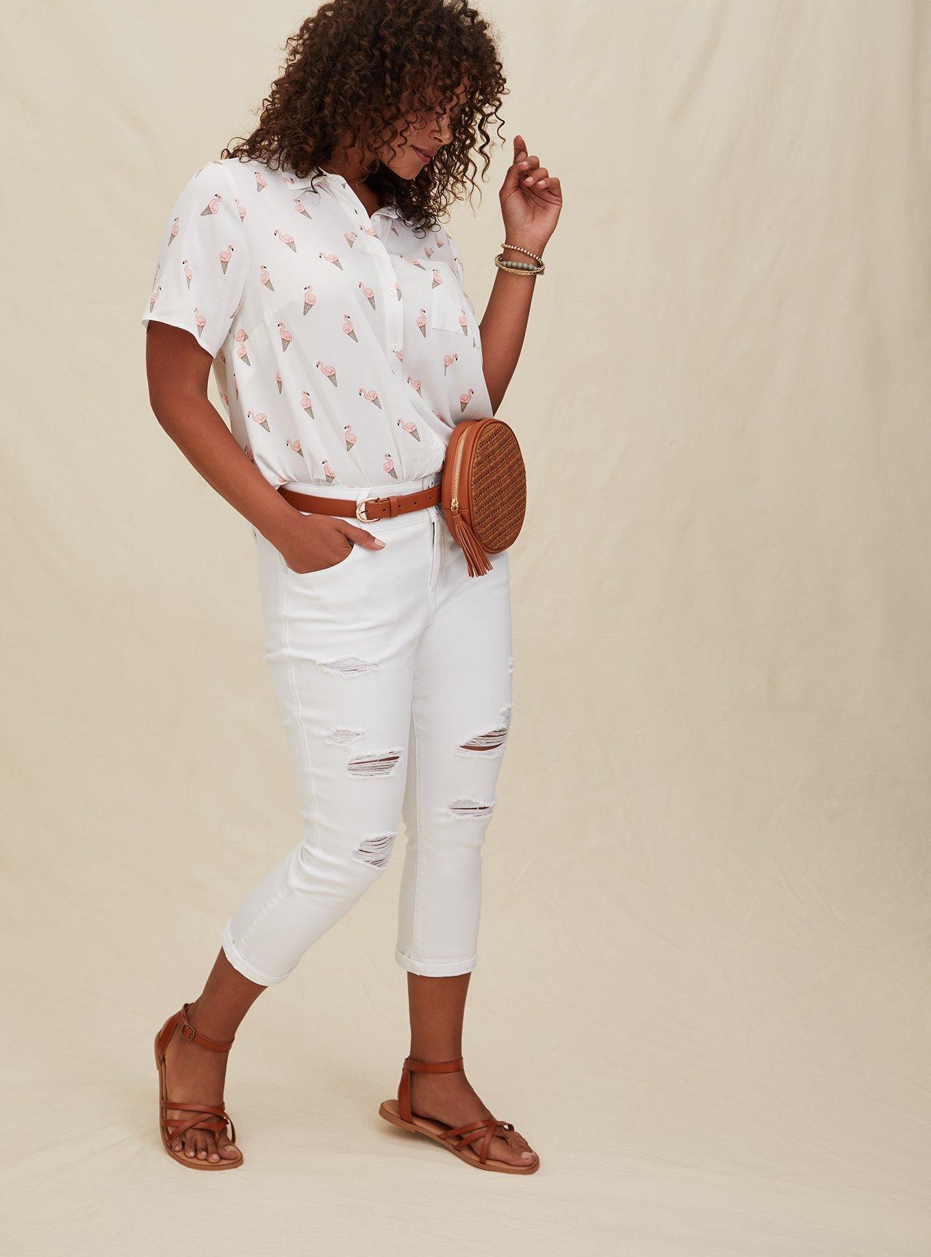 Stretch Challis Button-Front Shirt, FLAMINGO WHITE, alternate