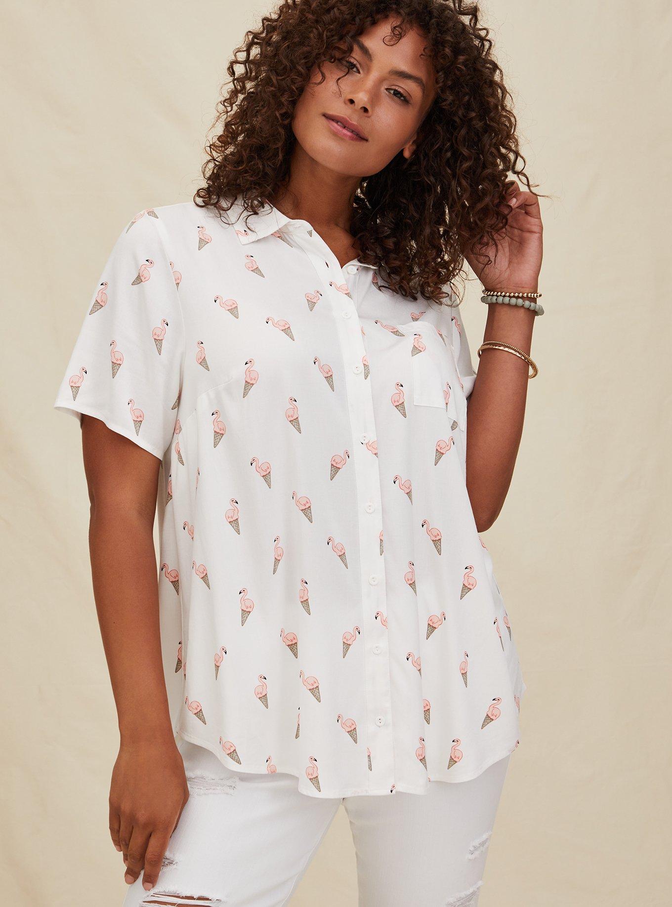 Stretch Challis Button-Front Shirt, FLAMINGO WHITE, alternate