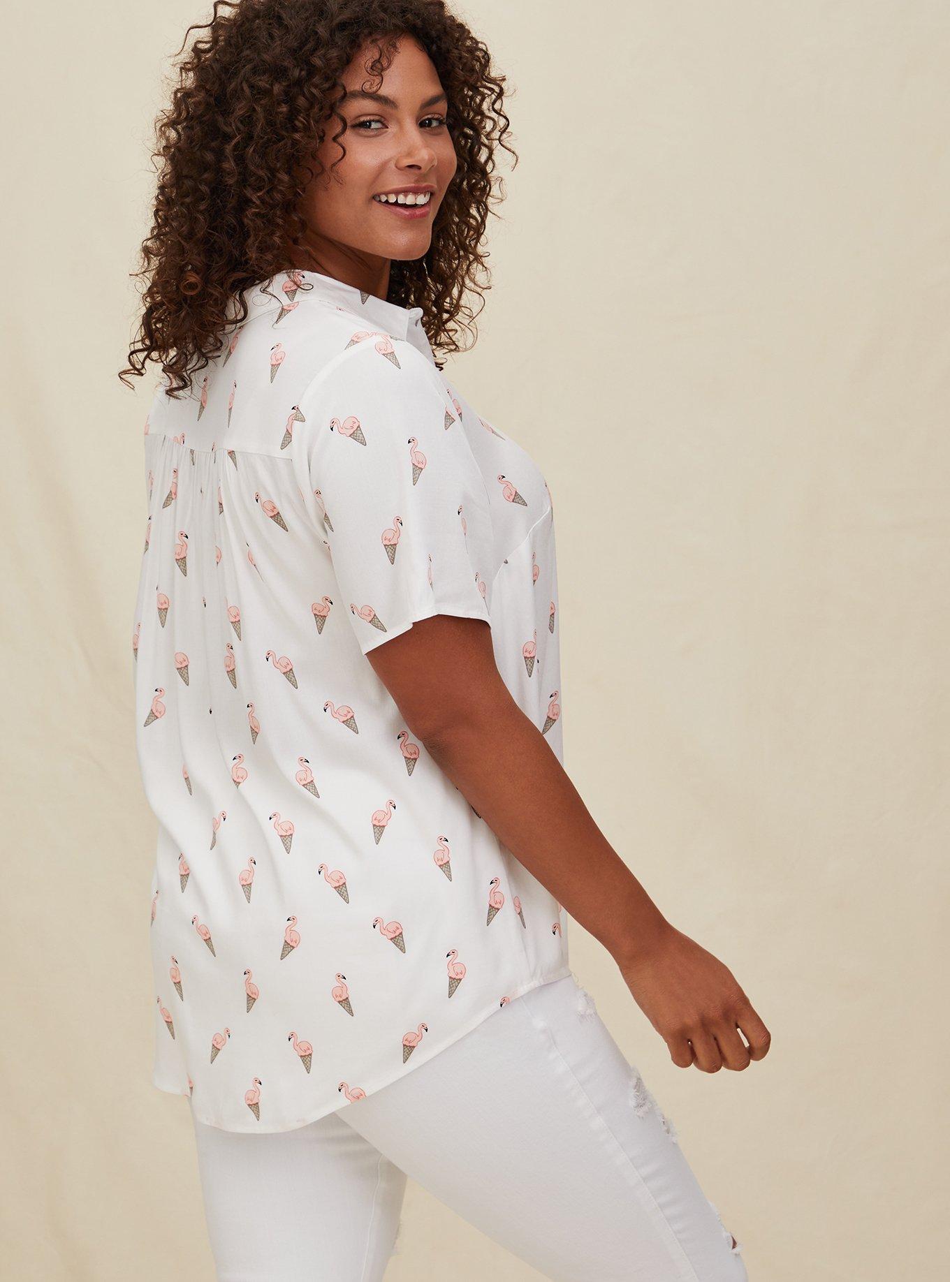 Stretch Challis Button-Front Shirt, FLAMINGO WHITE, alternate