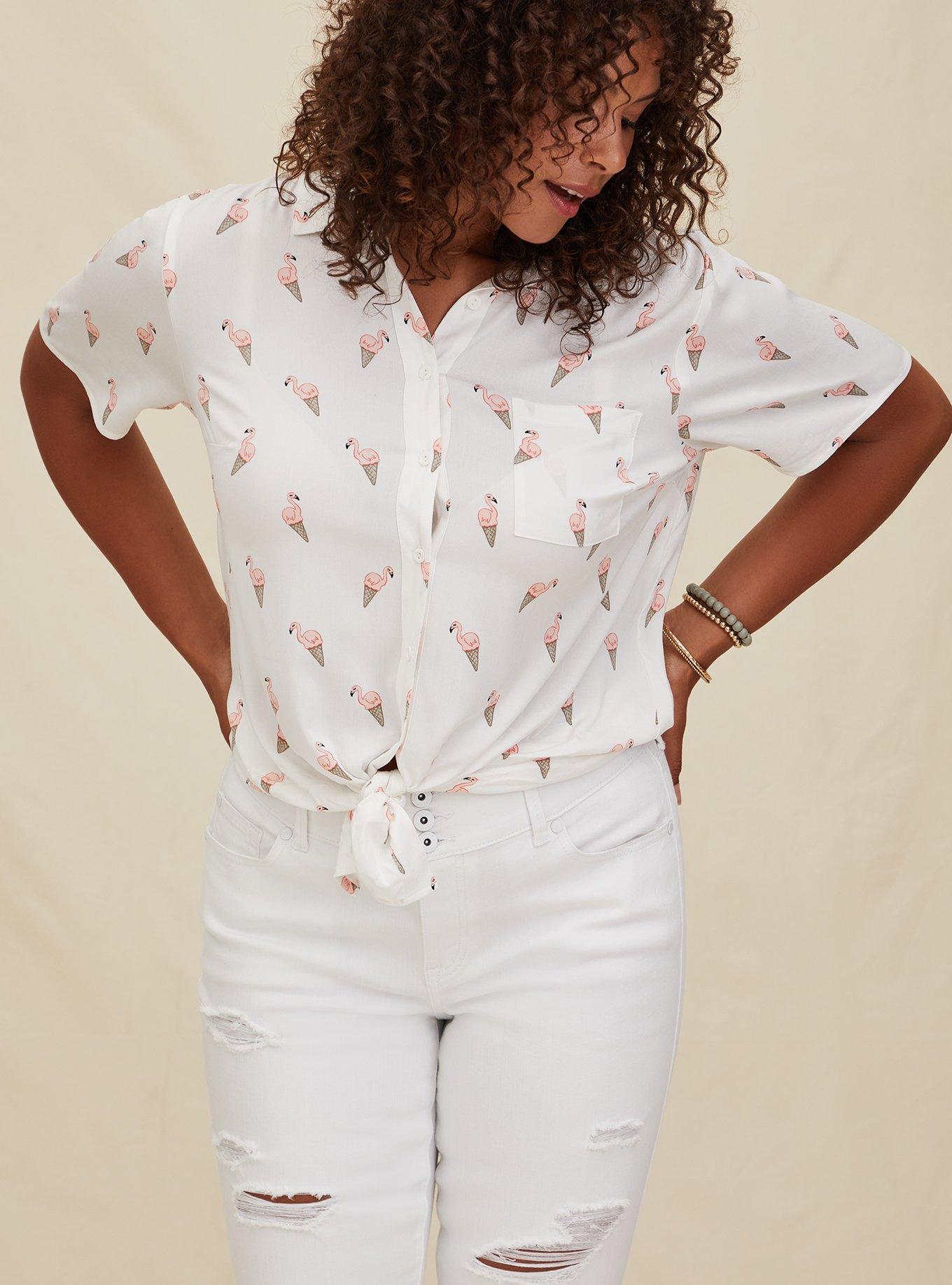 Stretch Challis Button-Front Shirt, FLAMINGO WHITE, hi-res