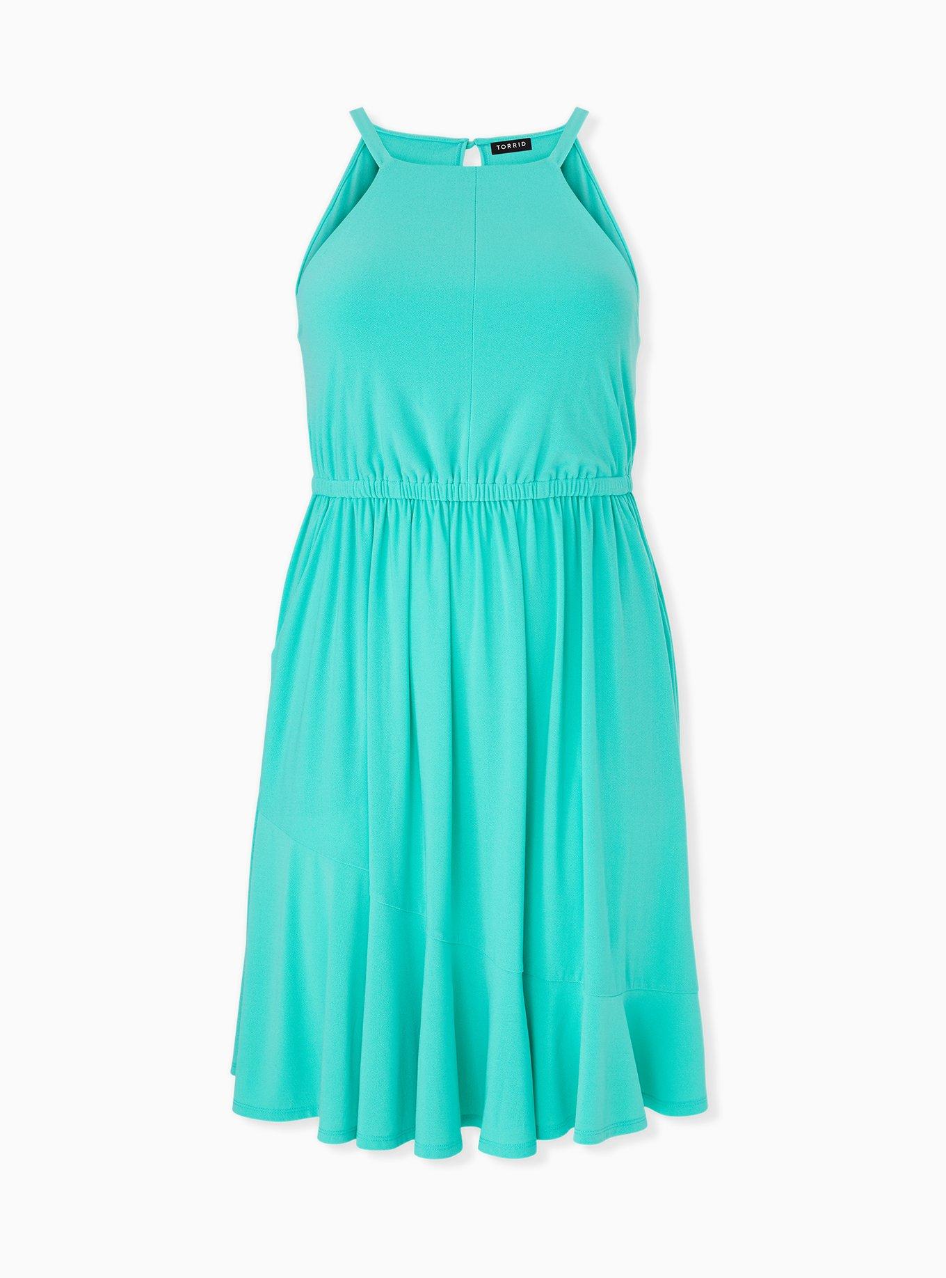 Turquoise Crepe High Neck Skater Dress, , hi-res