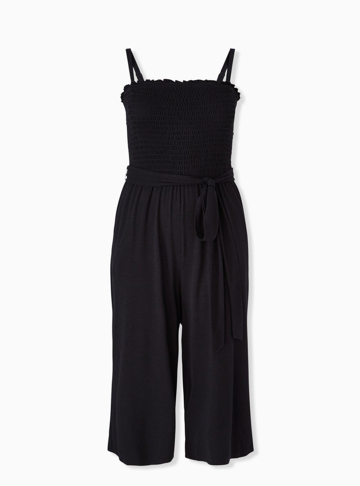 Super Soft Black Smocked Culotte Jumpsuit, , hi-res