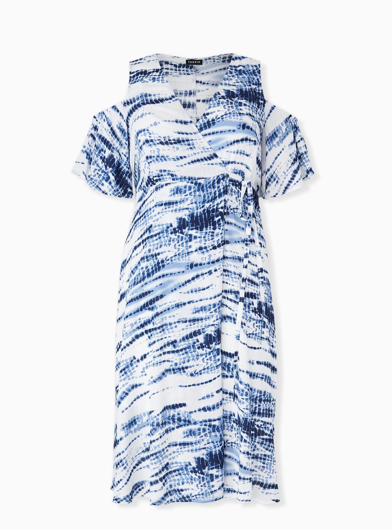 Blue Tie-Dye Gauze Cold Shoulder Wrap Midi Dress, TIE DYE BLUE, hi-res