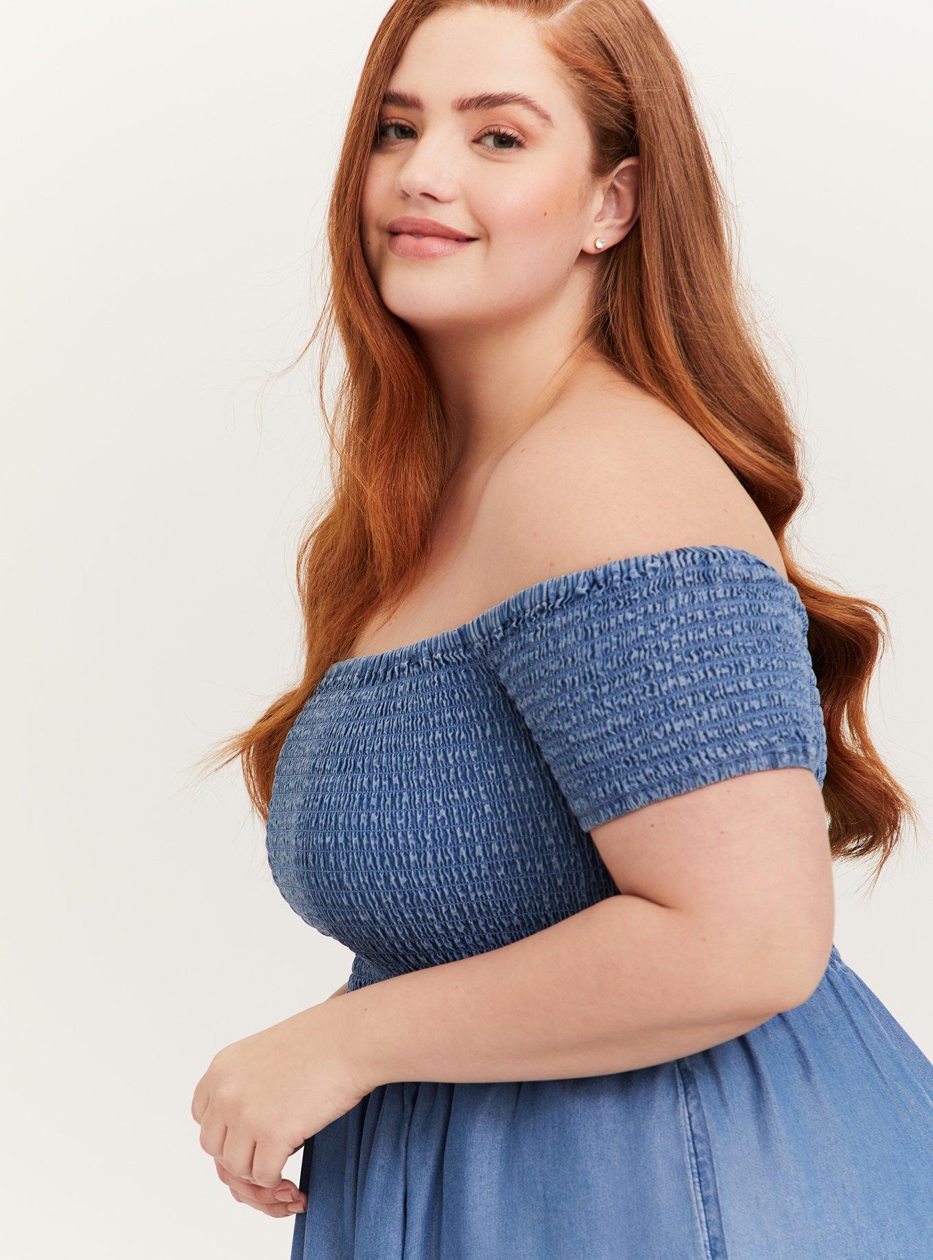 Plus Size Blue Chambray Off Shoulder Smocked Skater Dress, CHAMBRAY, alternate